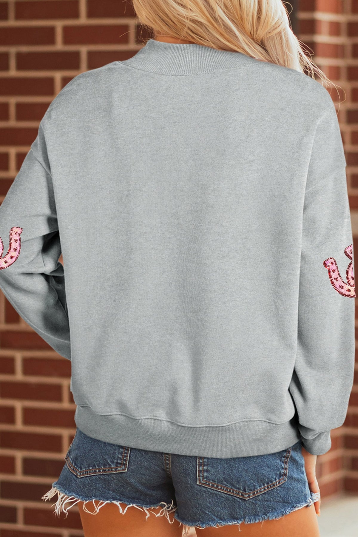 Gray Sequined Horseshoe Graphic Mock Neck Baggy Sweatshirt