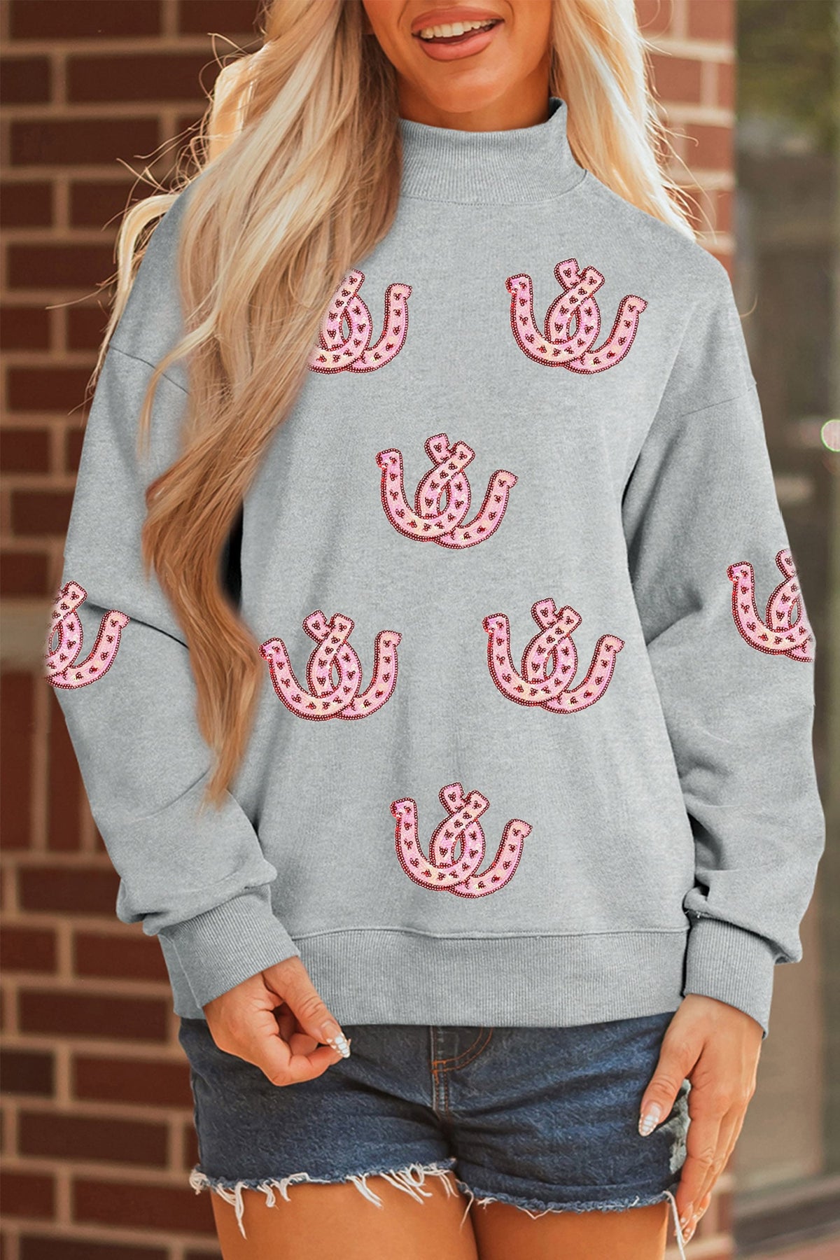 Gray Sequined Horseshoe Graphic Mock Neck Baggy Sweatshirt