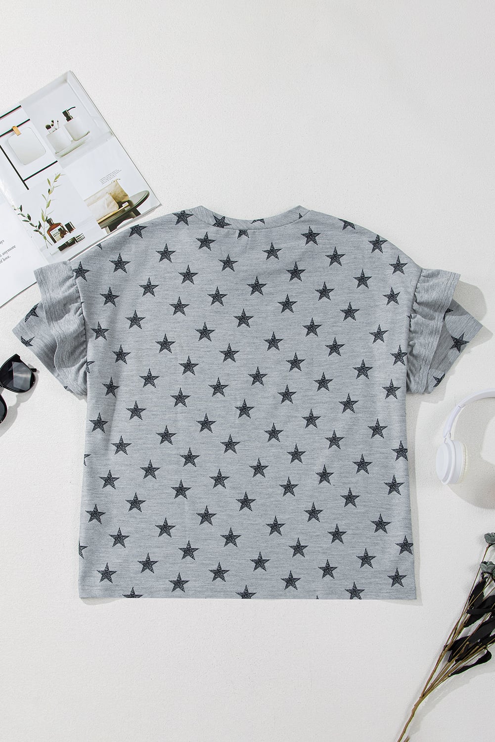 Gray Star Print Tiered Ruffled Sleeve Crew Neck T Shirt