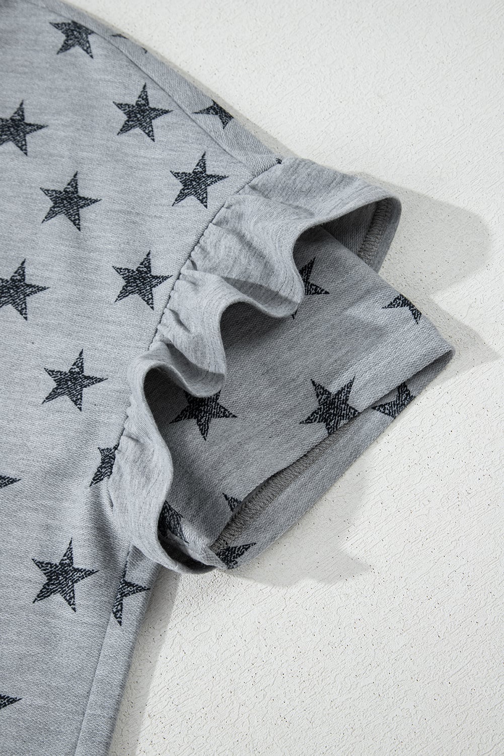 Gray Star Print Tiered Ruffled Sleeve Crew Neck T Shirt