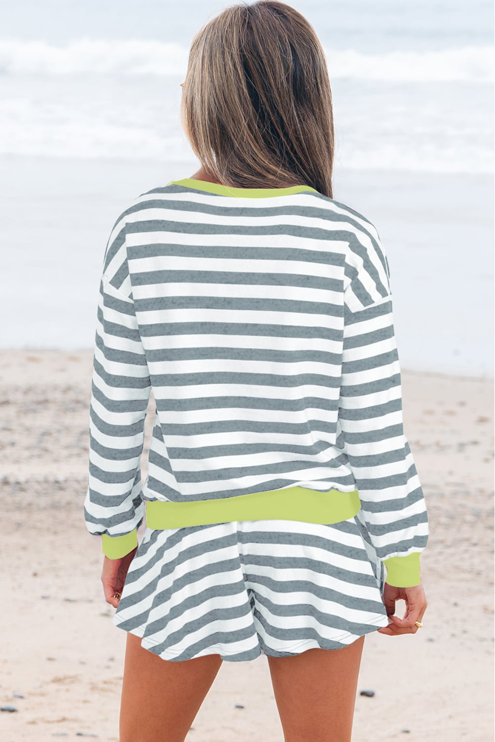 Gray Stripe Contrast Ribbed Banding Long Sleeve Blouse Loose Shorts Set