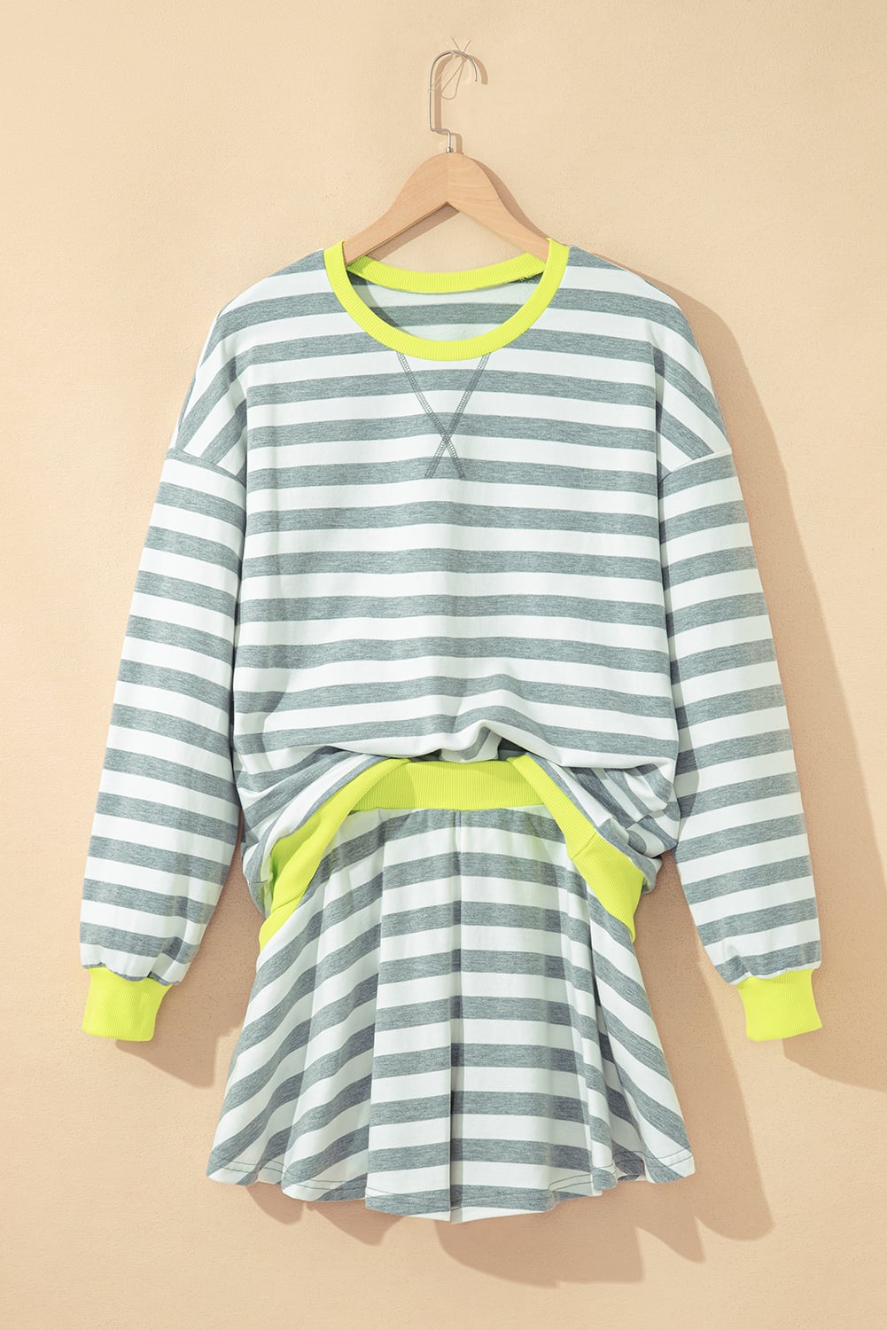 Gray Stripe Contrast Ribbed Banding Long Sleeve Blouse Loose Shorts Set