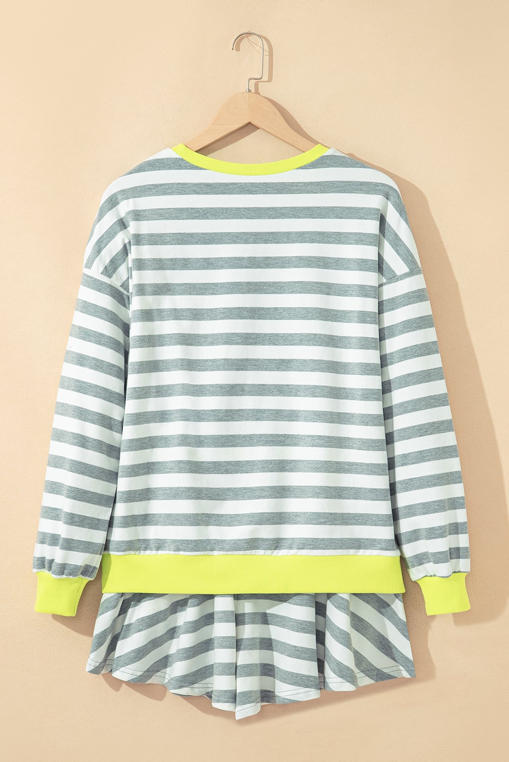 Gray Stripe Contrast Ribbed Banding Long Sleeve Blouse Loose Shorts Set