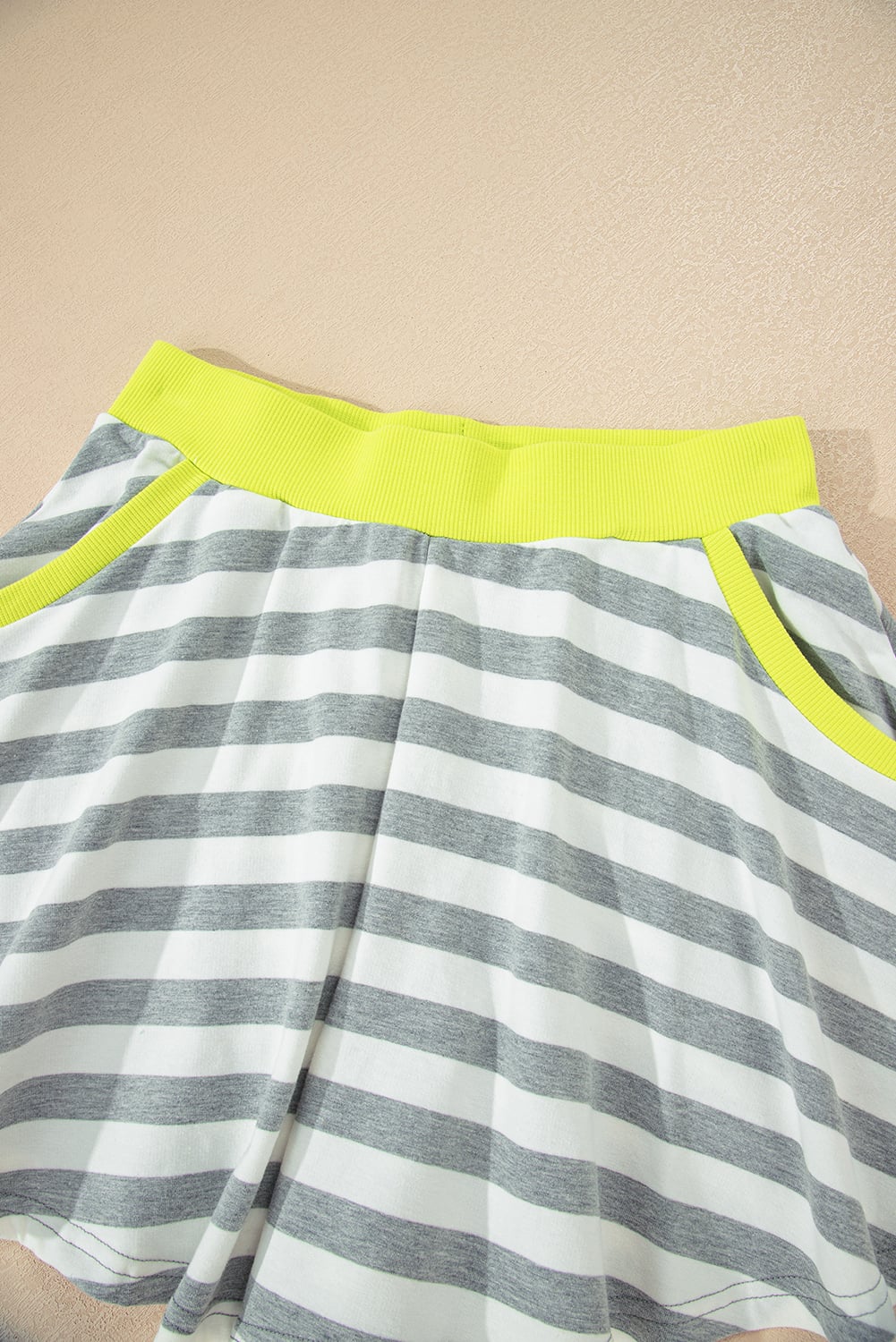 Gray Stripe Contrast Ribbed Banding Long Sleeve Blouse Loose Shorts Set