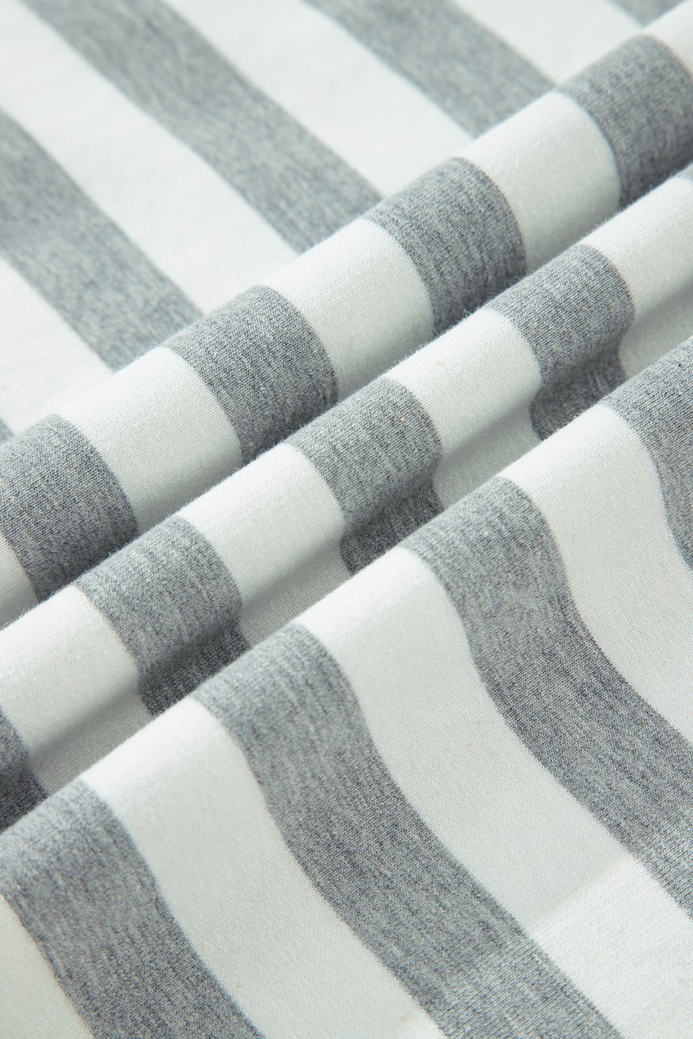 Gray Stripe Contrast Ribbed Banding Long Sleeve Blouse Loose Shorts Set