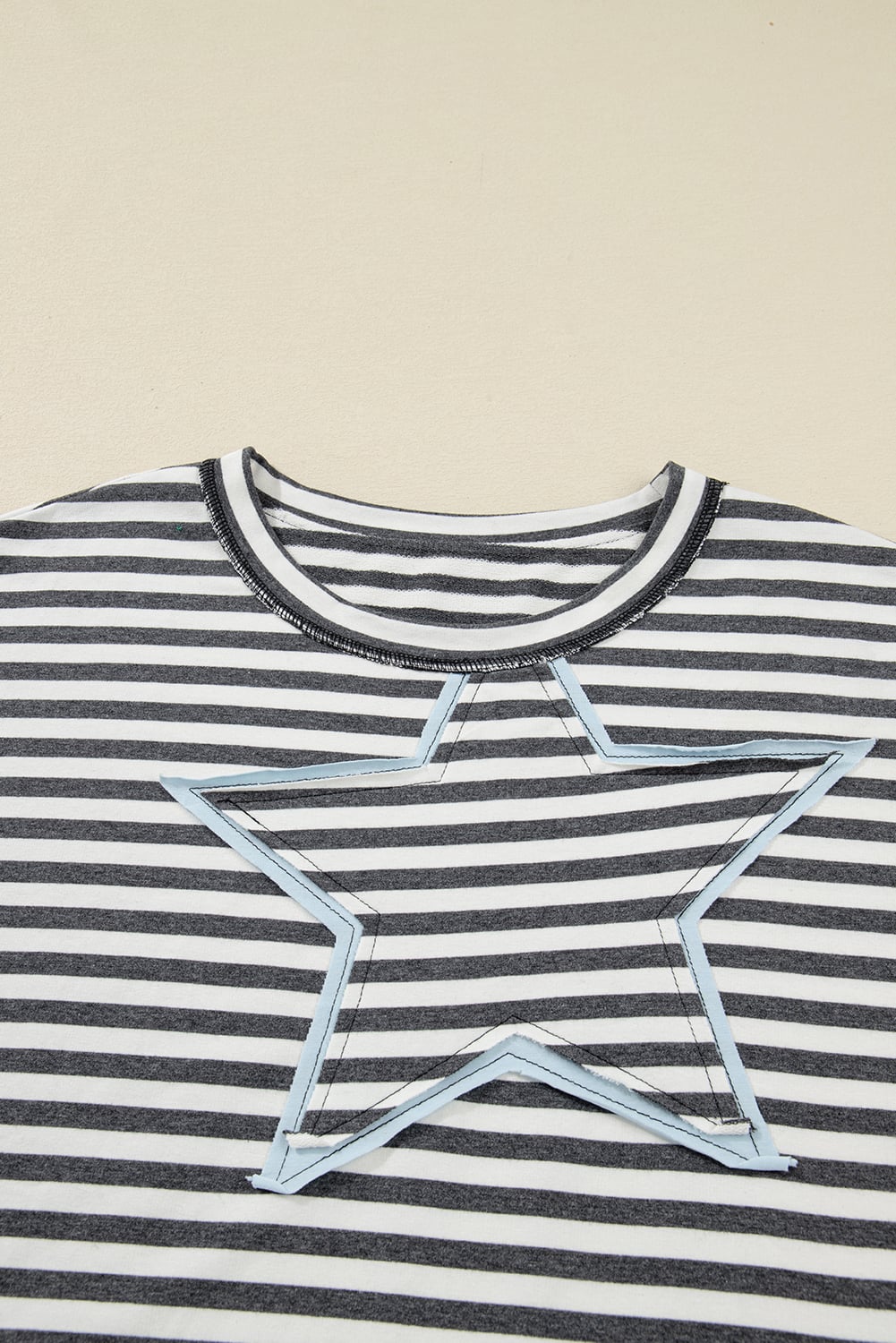 Gray Stripe Contrast Star Stitched Plus Size Long Sleeve Top