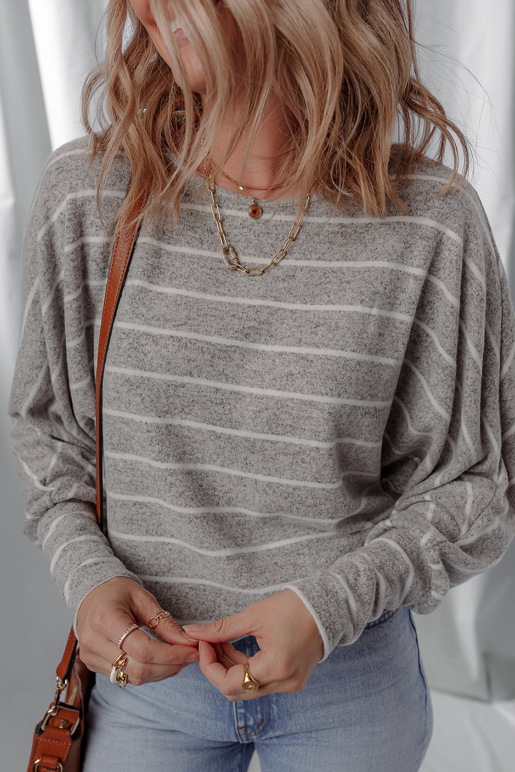 Gray Stripe Dolman Sleeve Drop Shoulder Top