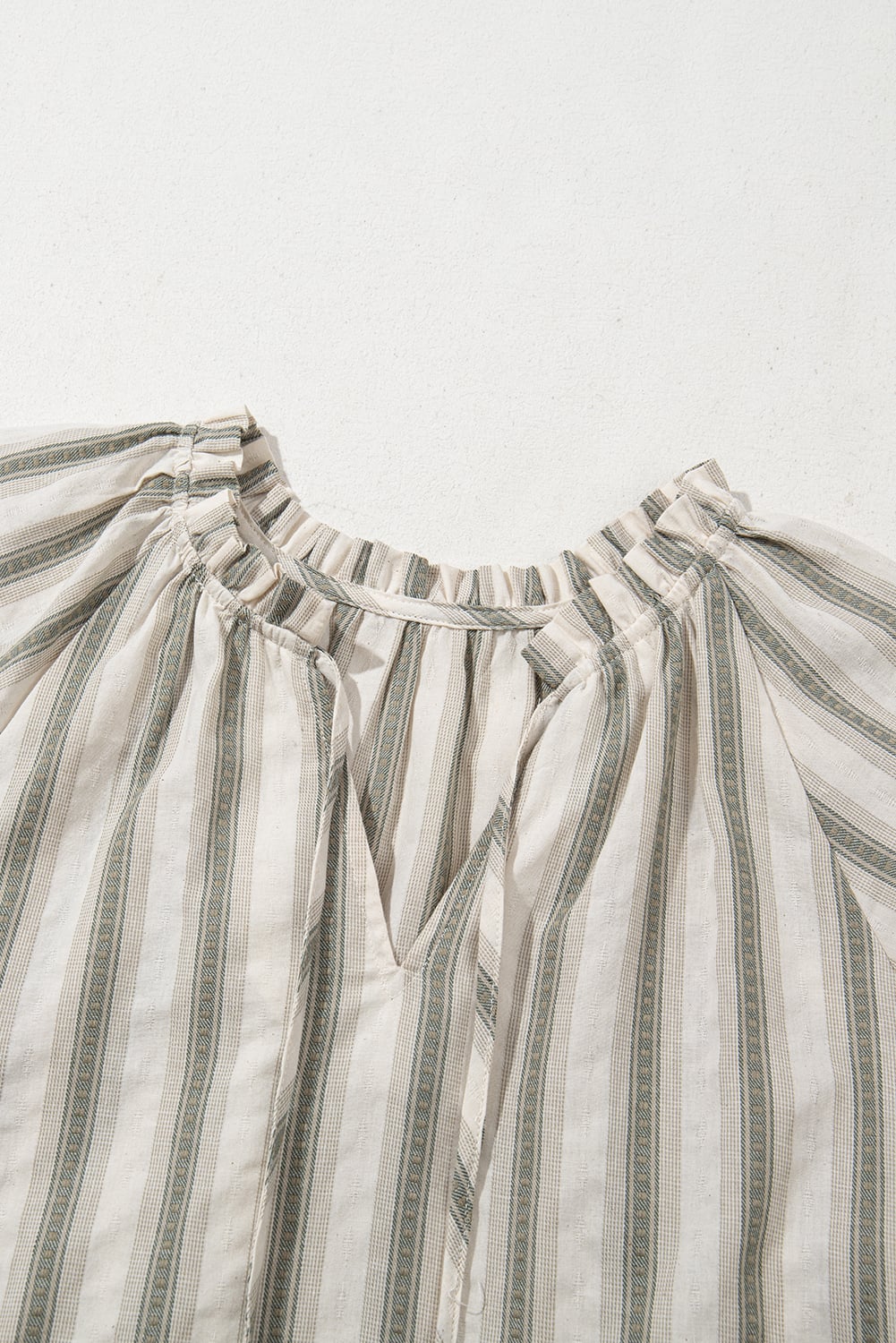 Gray Stripe Frilled Tie Neck Short Sleeve Blouse