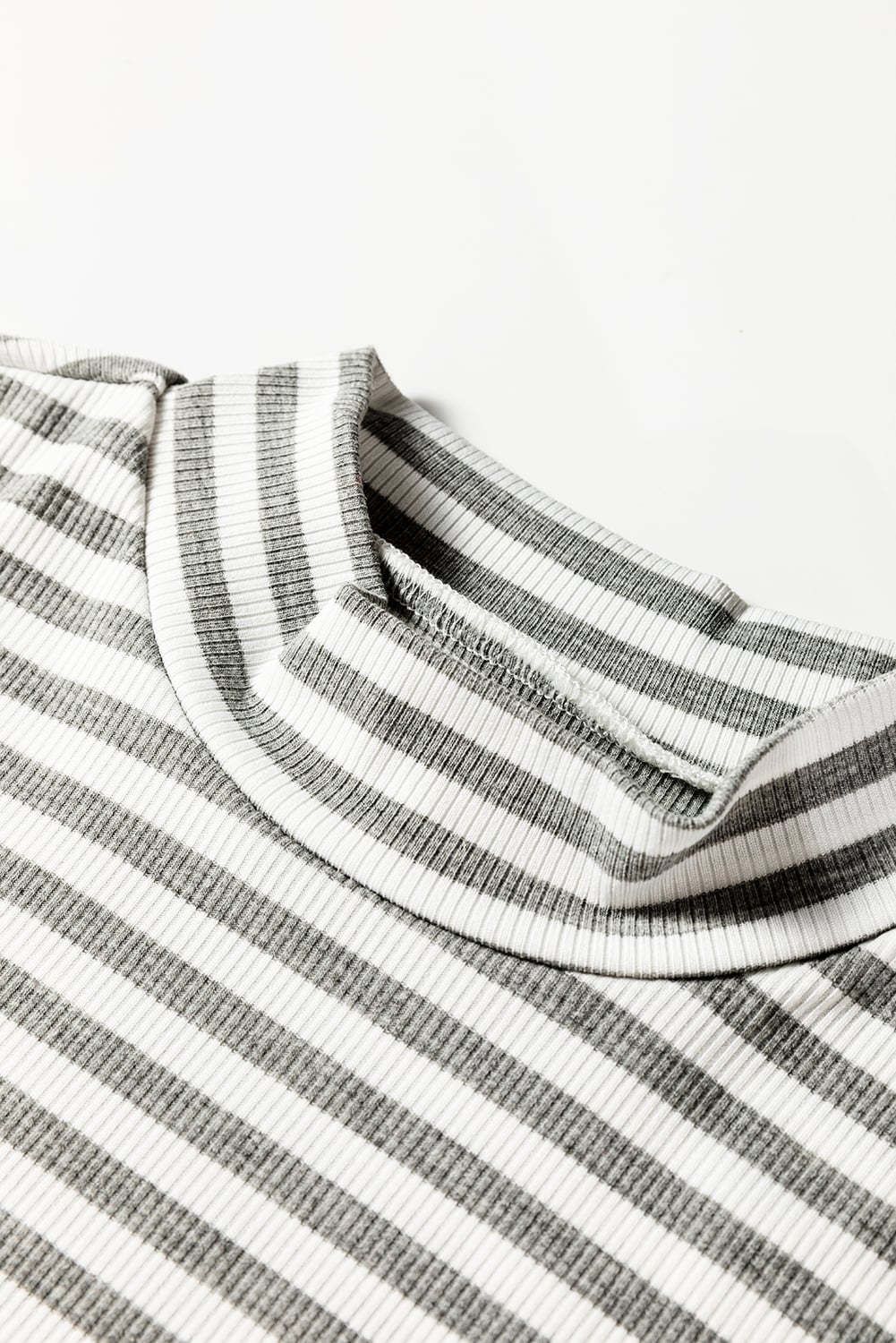 Gray Stripe Ribbed High Neck Slim Fit Long Sleeve Top