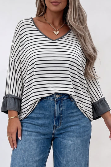 Gray Stripe Ruffled Bracelet Sleeve V Neck Plus Size Top
