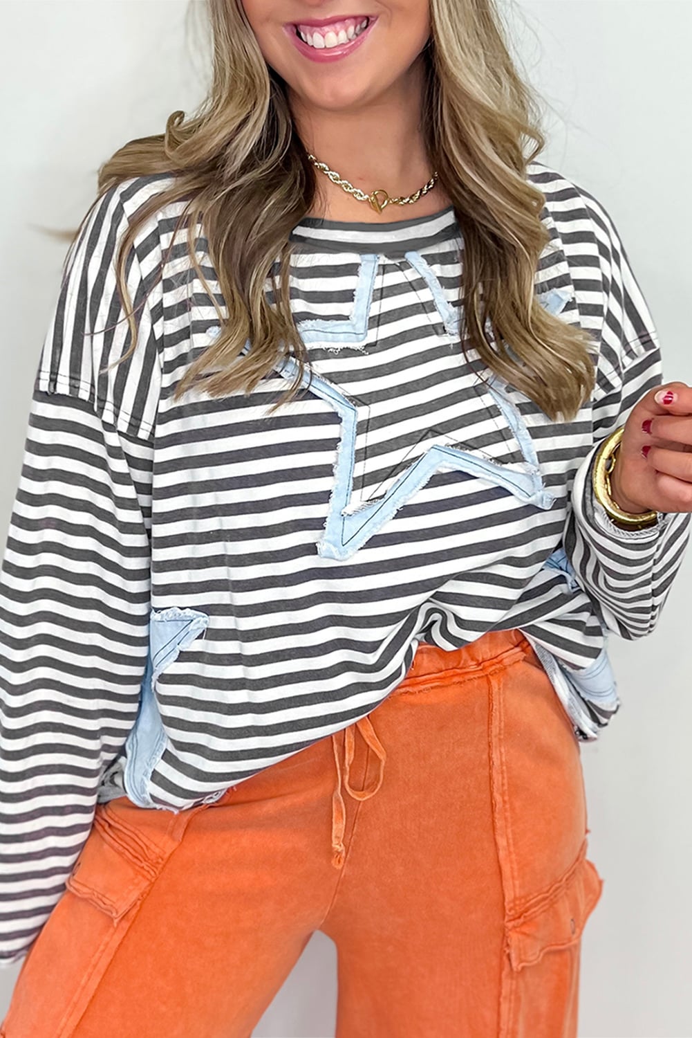 Gray Stripe Starry Patch Drop Shoulder Raw Edge Casual Knit Top