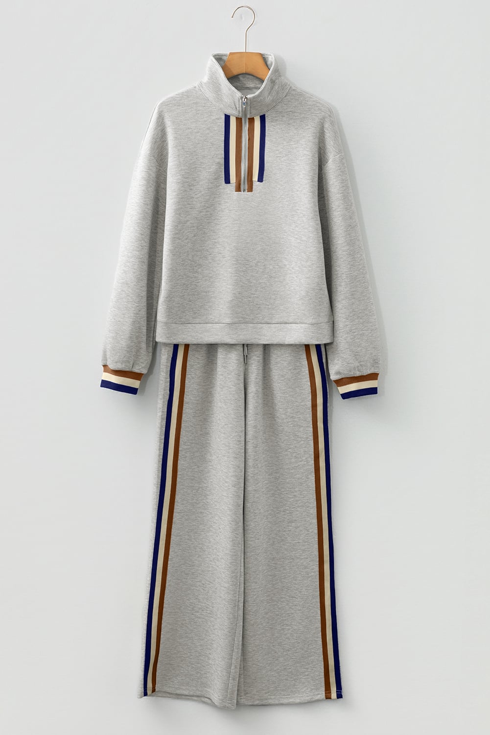 Gray Striped Patchwork Quarter Zip Pullover Loose Pant Set