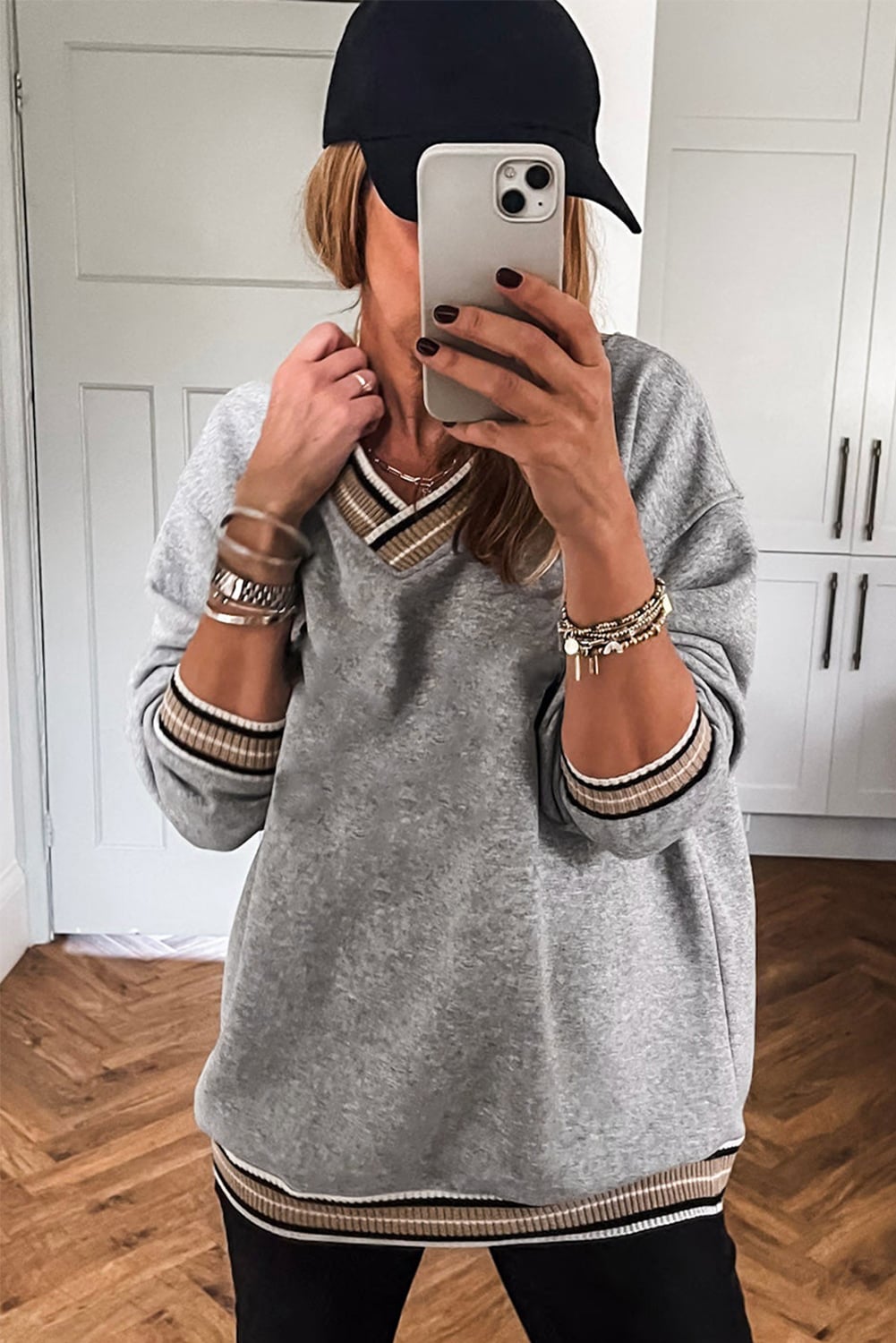 Gray Varsity Contrast Striped Trim V Neck Sweatshirt