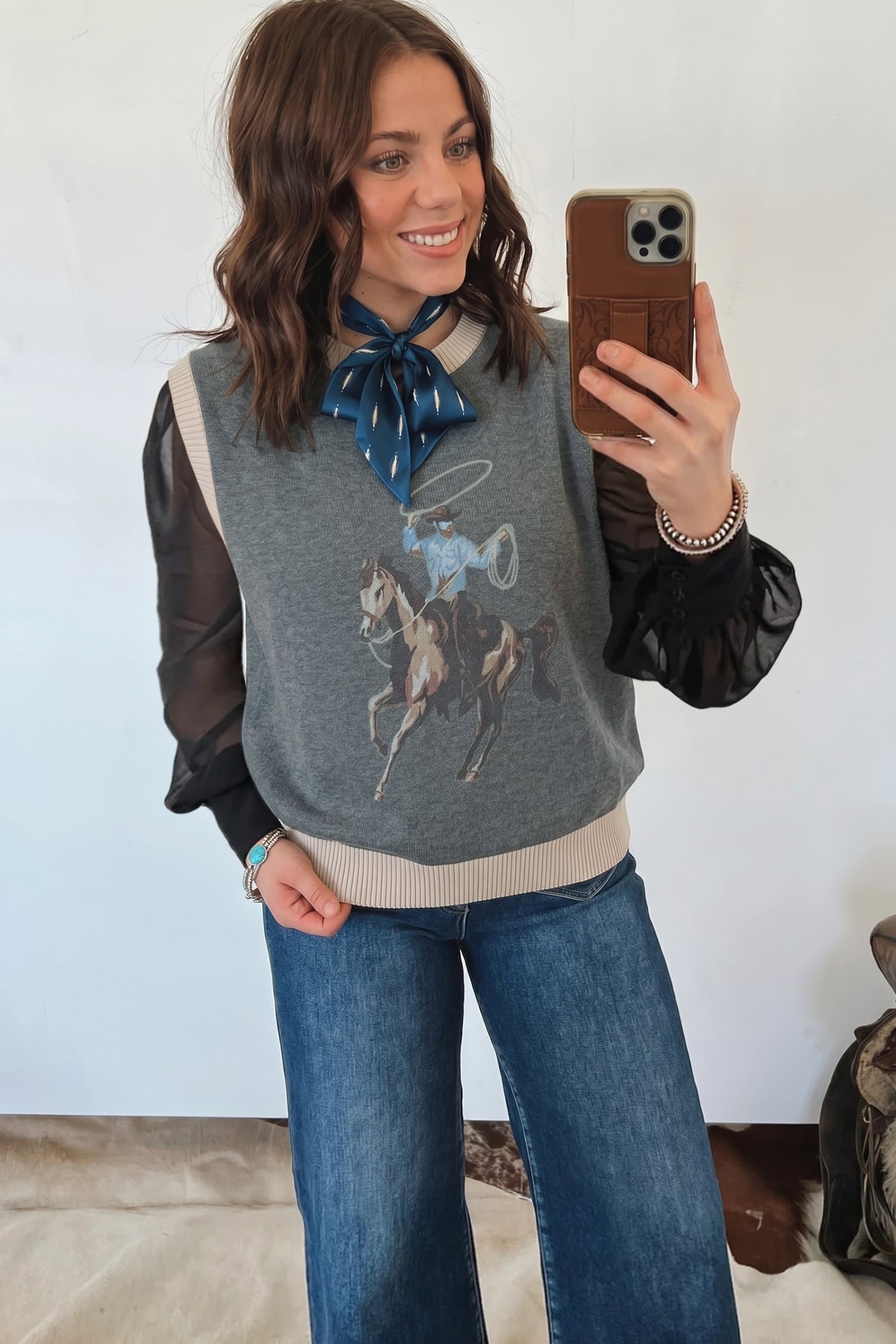 Gray Western Print Colorblock Trim Sleeveless Knitwear Vest