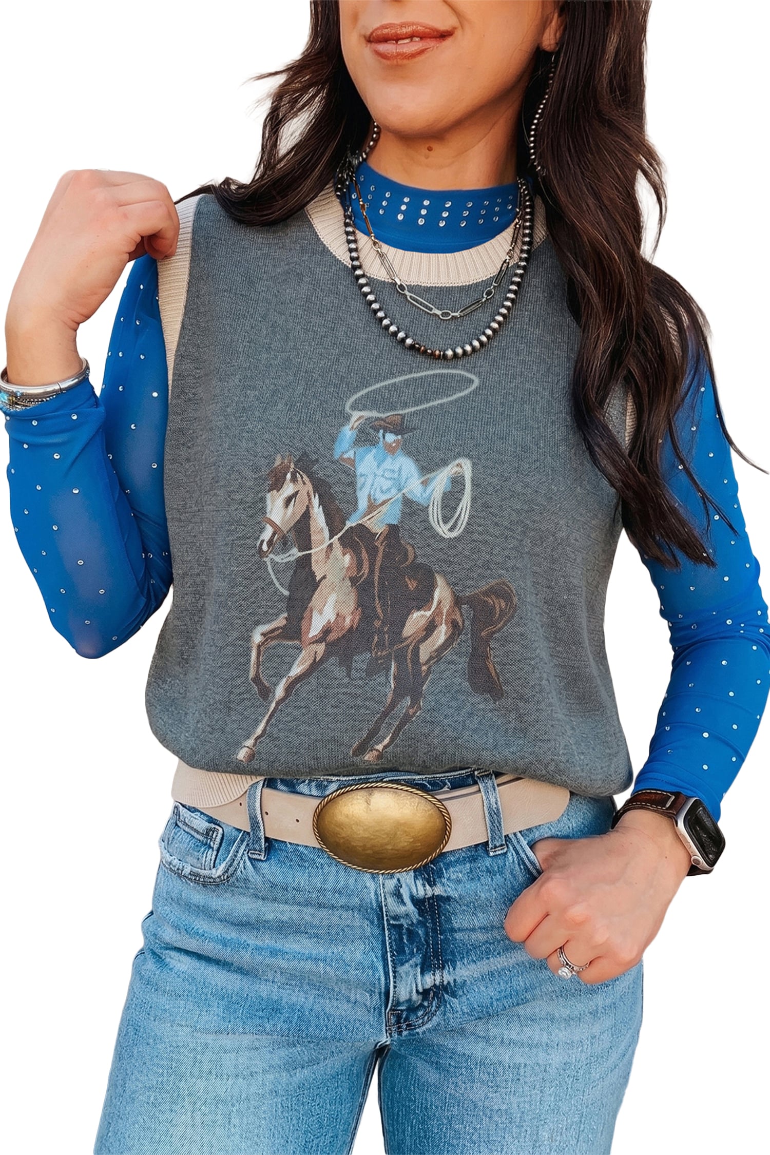 Gray Western Print Colorblock Trim Sleeveless Knitwear Vest