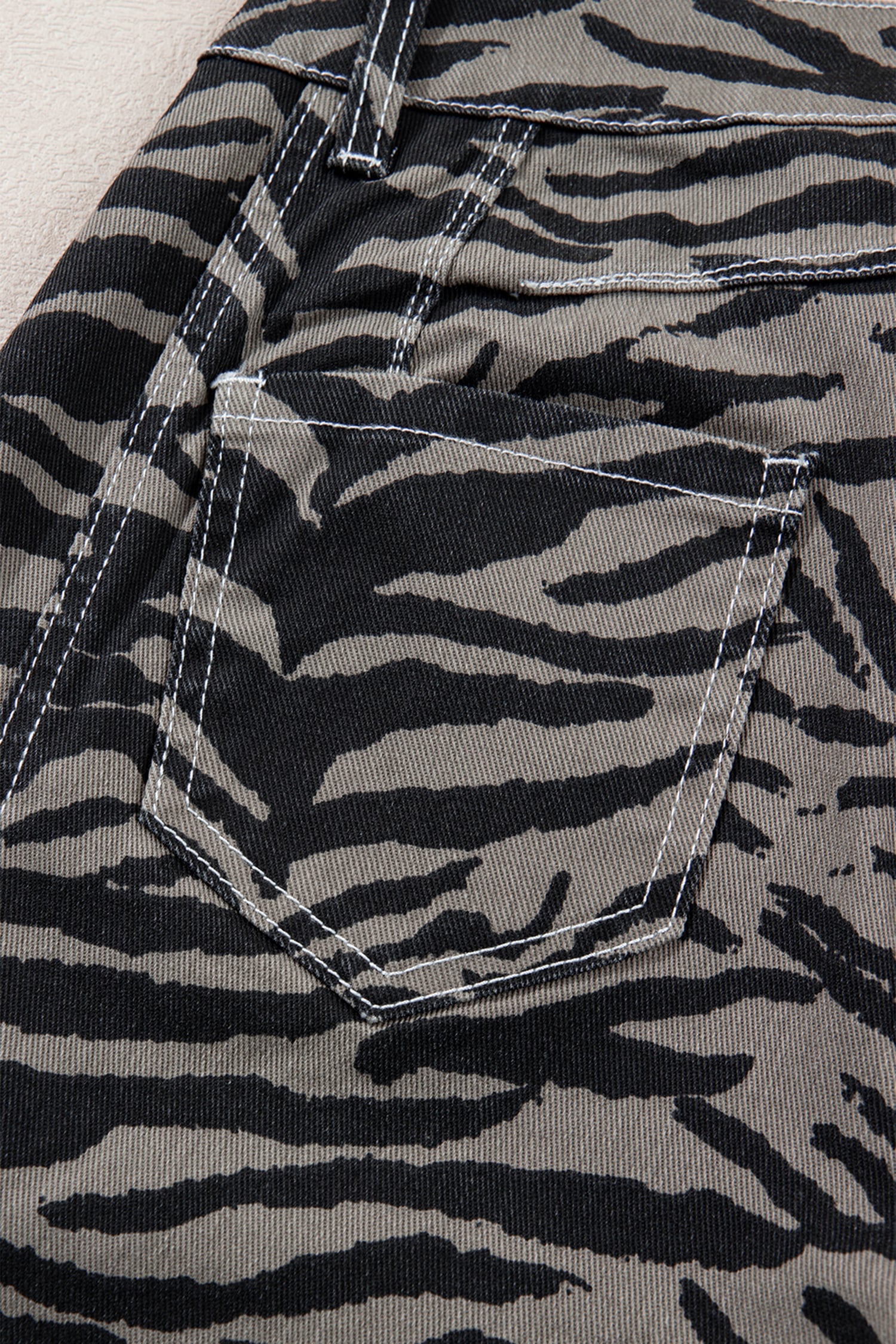 Gray Zebra Stripe Printed Wide Leg Barrel Jeans