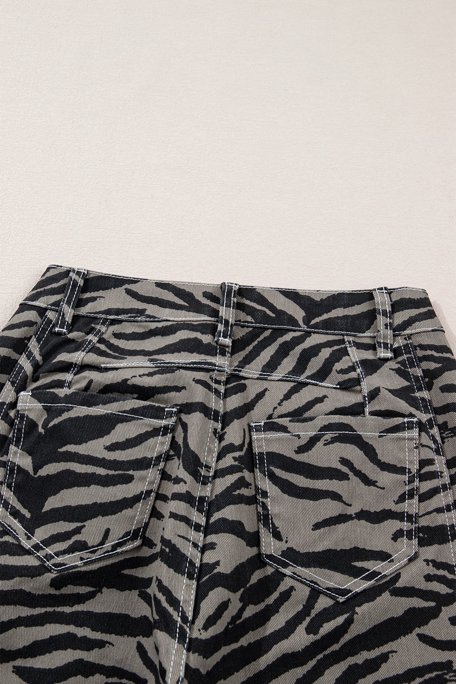 Gray Zebra Stripe Printed Wide Leg Barrel Jeans