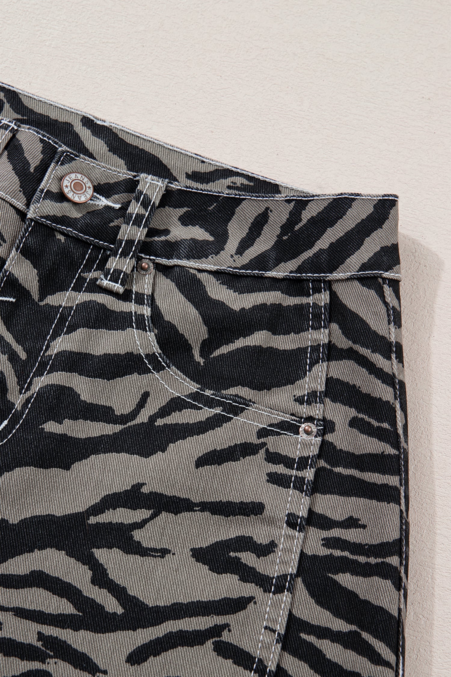 Gray Zebra Stripe Printed Wide Leg Barrel Jeans