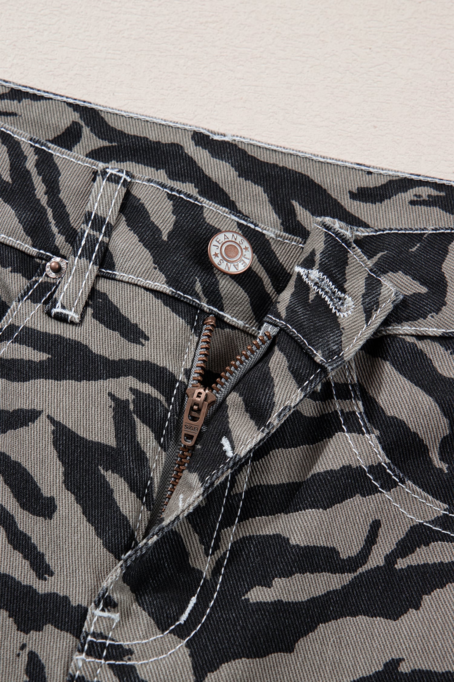 Gray Zebra Stripe Printed Wide Leg Barrel Jeans