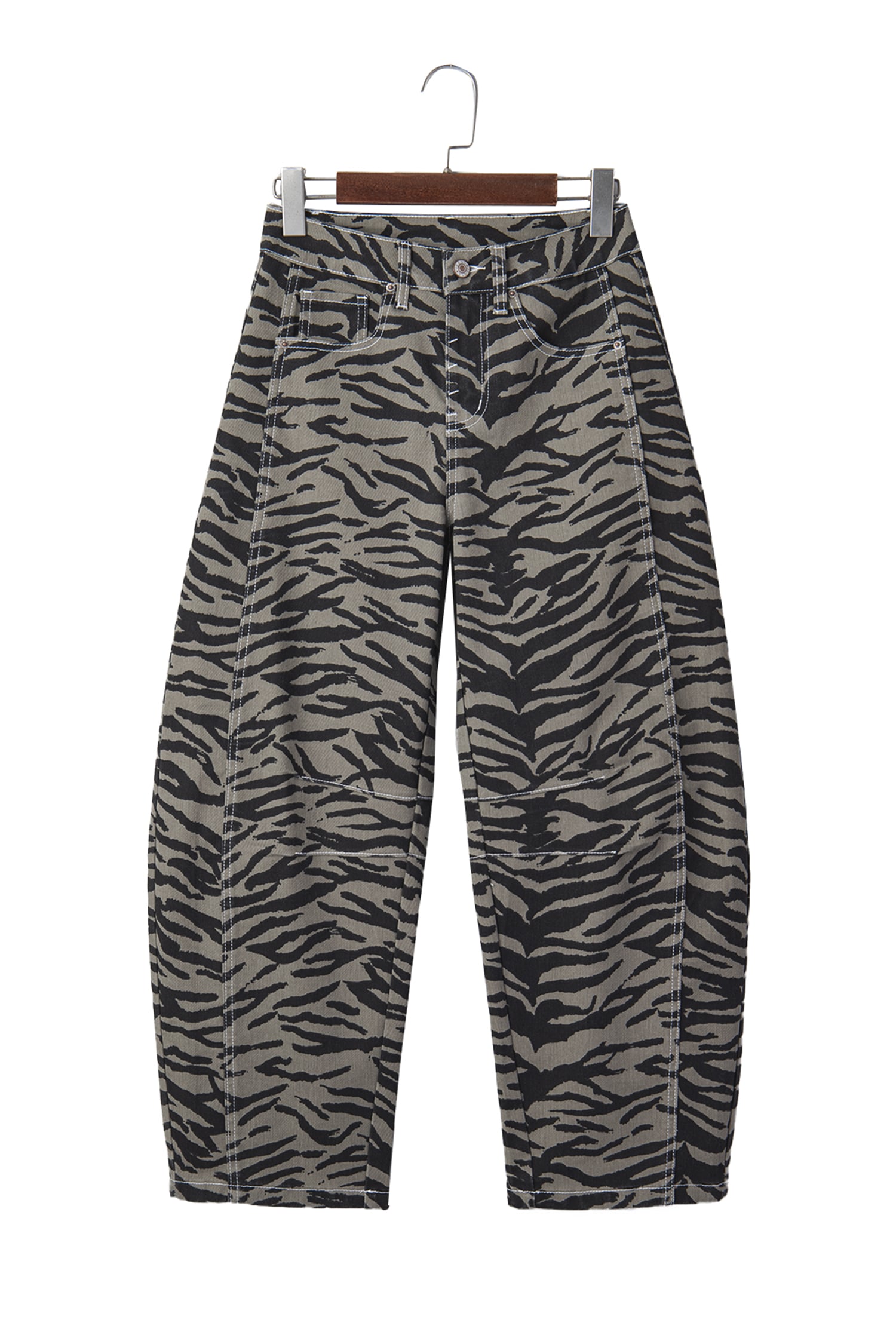 Gray Zebra Stripe Printed Wide Leg Barrel Jeans