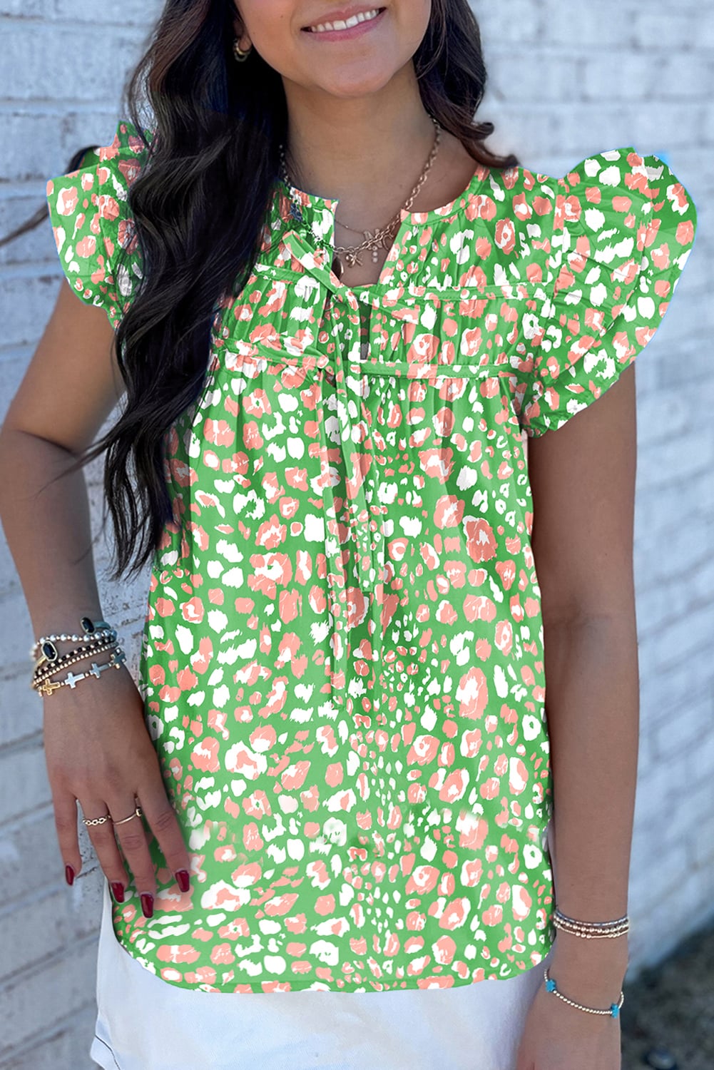 Green Abstract Leopard Tied Front Flutter Sleeve Blouse
