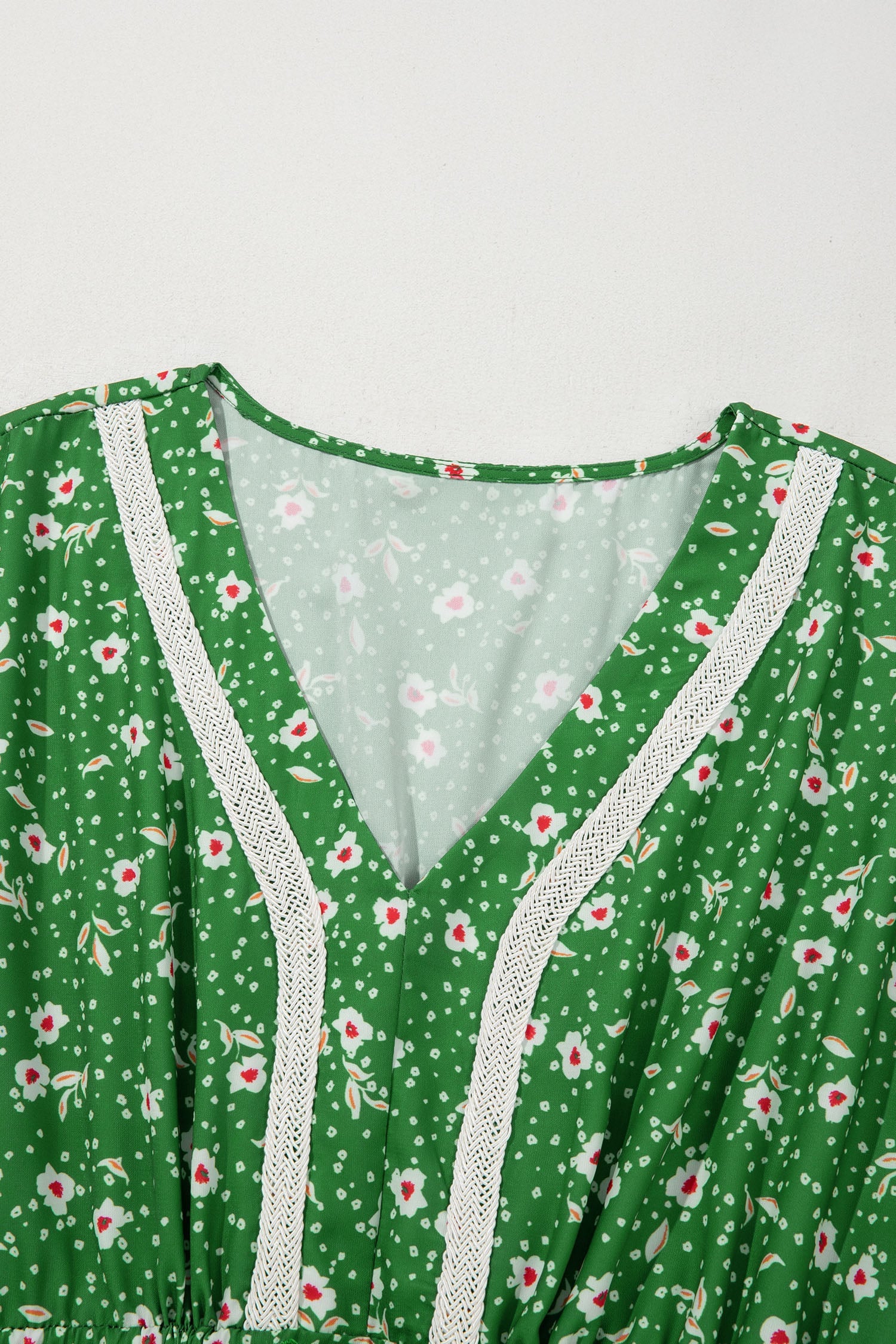 Green Abstract Print Embroidered Trim V Neck Drawstring High Waist Loose Vacation Dress