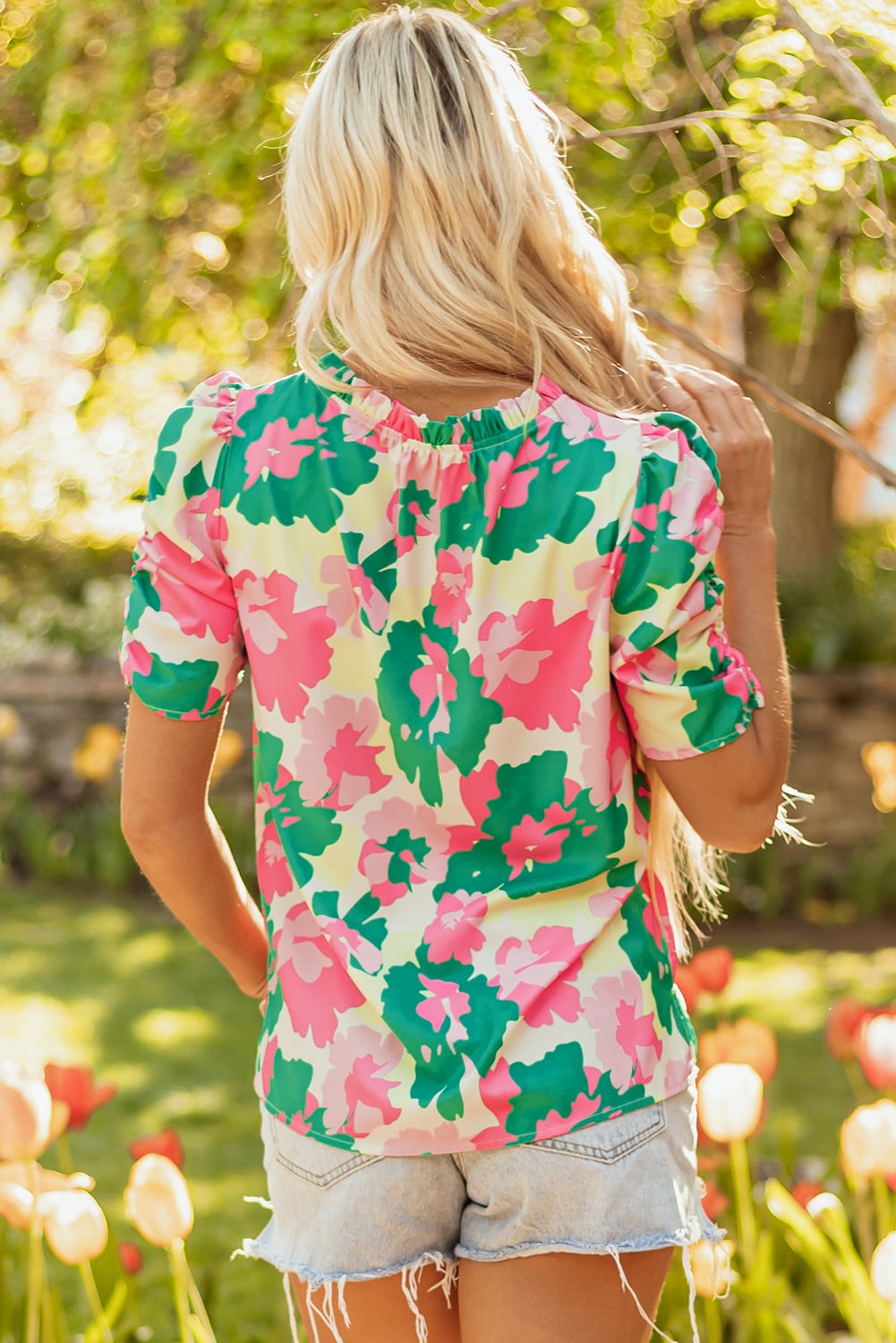 Green Abstract Print Frilly Neck Ruched Short Sleeve Blouse