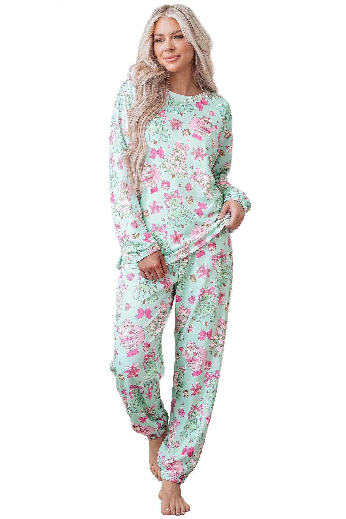Green Abstract Print Long Sleeve Two Piece Lounge Set