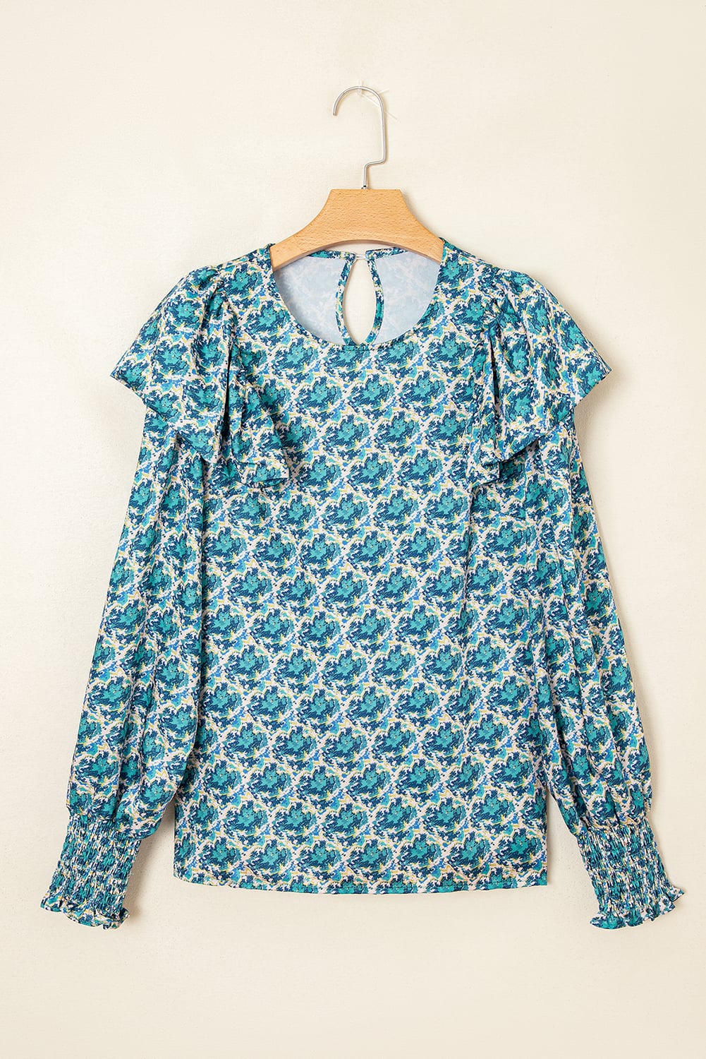 Green Abstract Print Shirred Cuff Puff Sleeve Blouse