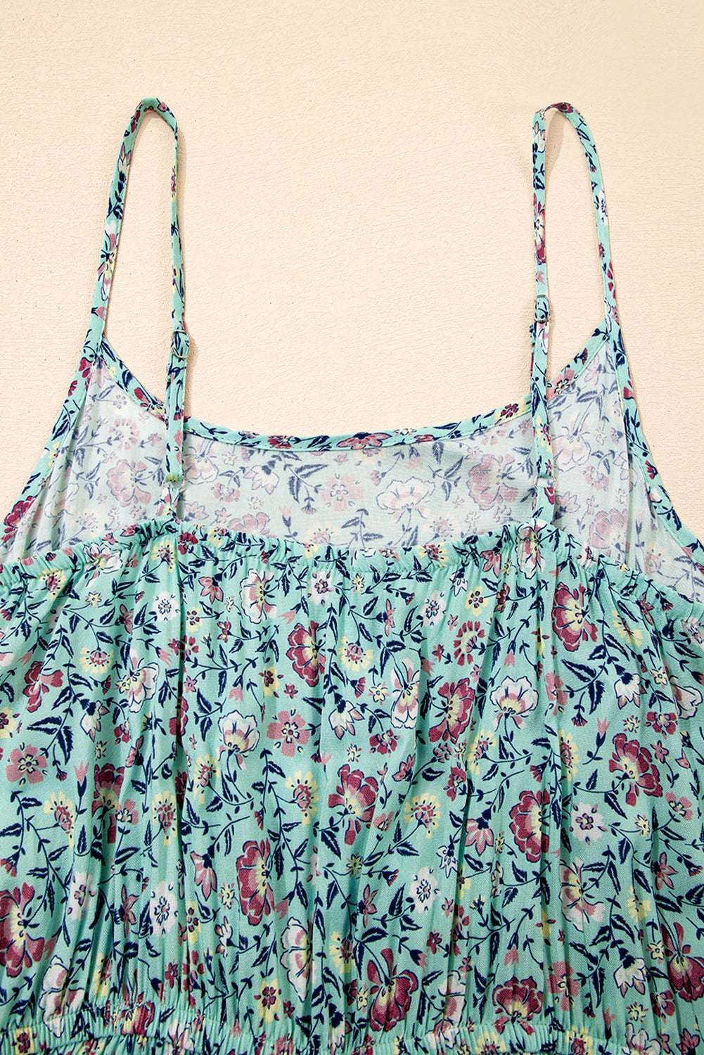 Green Bohemian Floral Ruffle Bottom Spaghetti Strap Jumpsuit