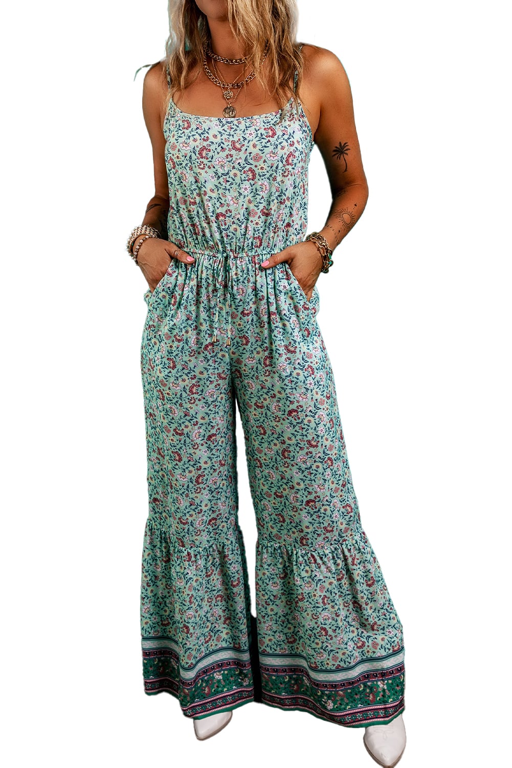 Green Bohemian Floral Ruffle Bottom Spaghetti Strap Jumpsuit