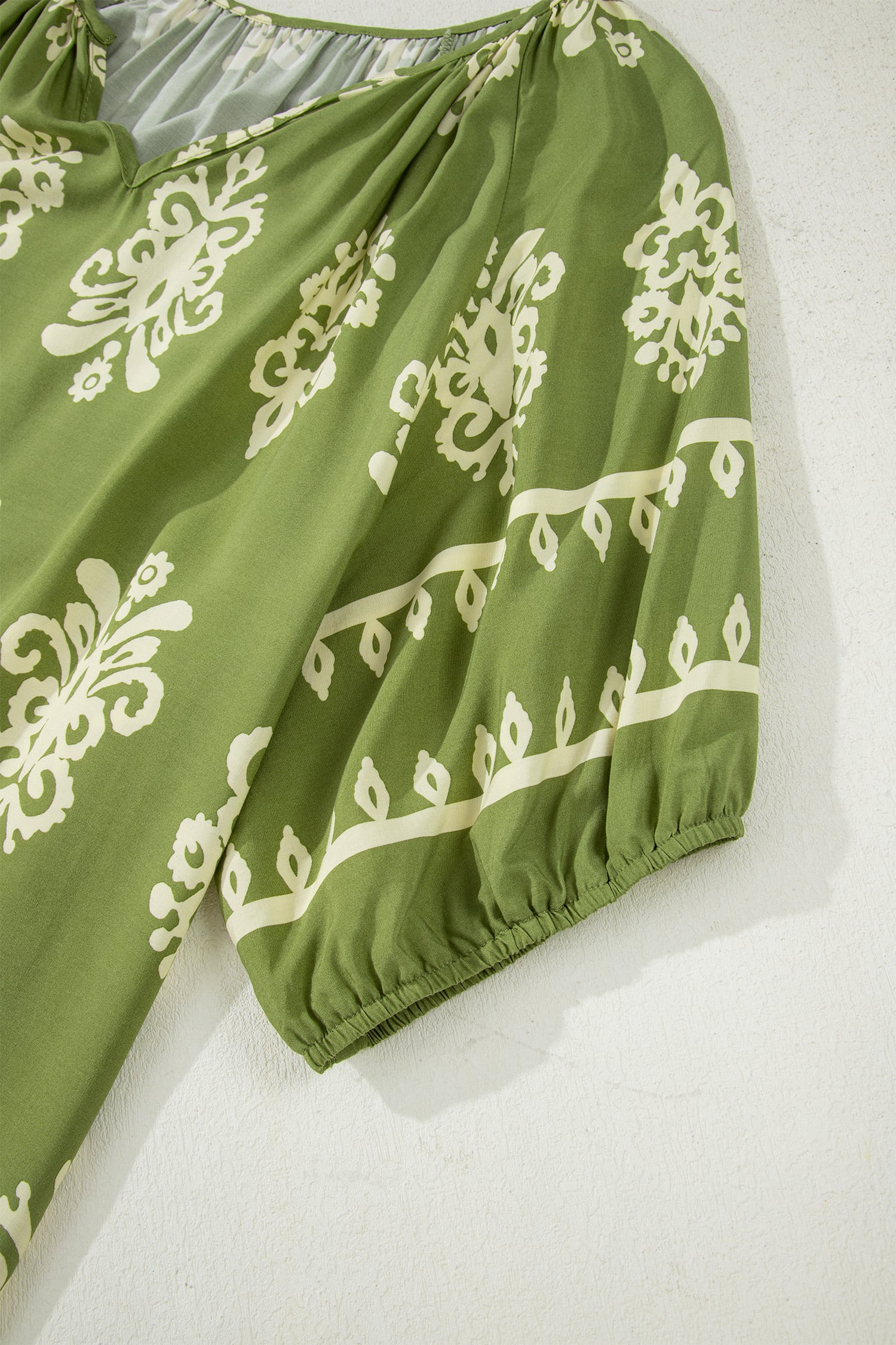 Green Boho Chic Notched V Neck Plus Floral Short Sleeve Top