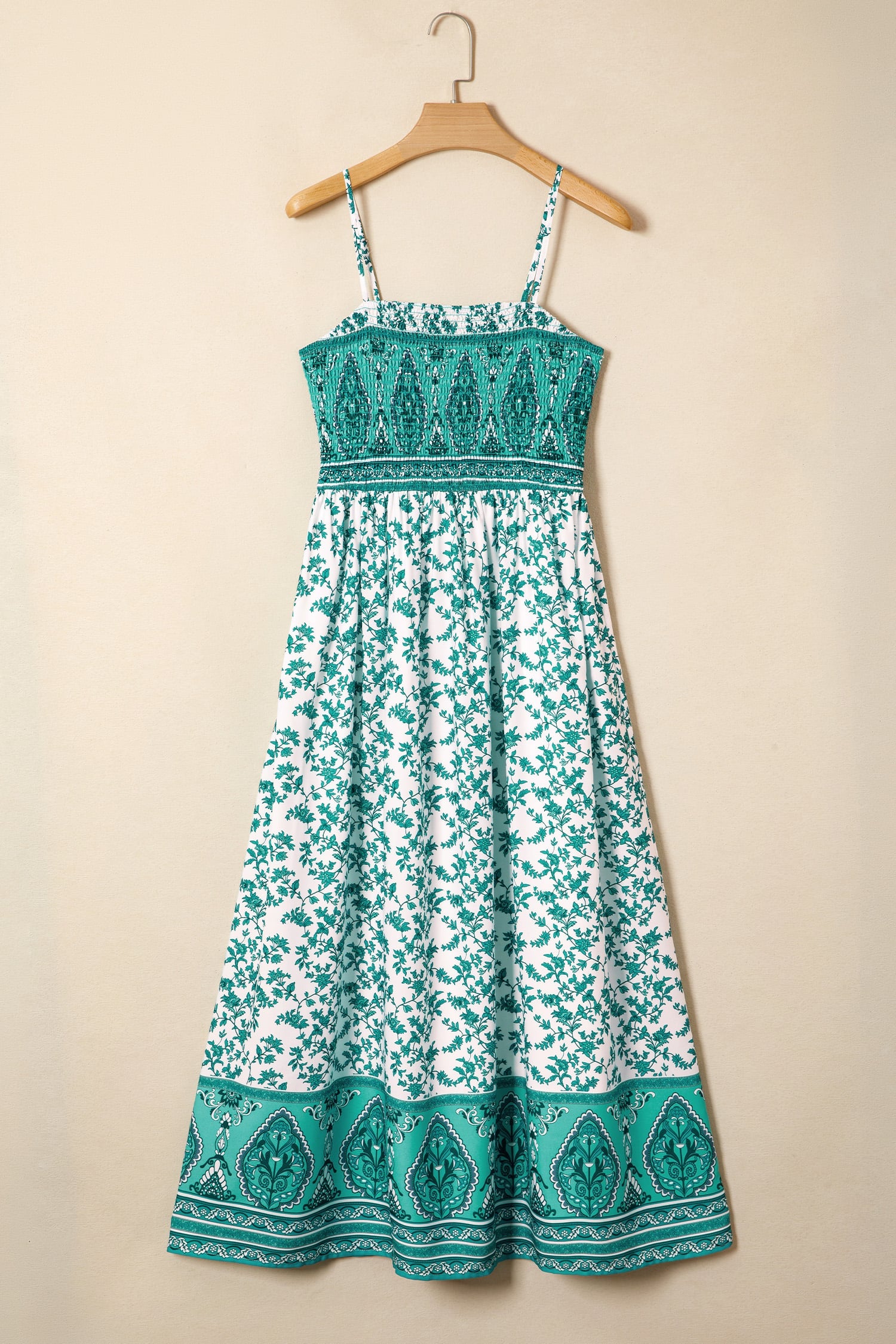 Green Boho Floral Print Shirred Cami Maxi Dress