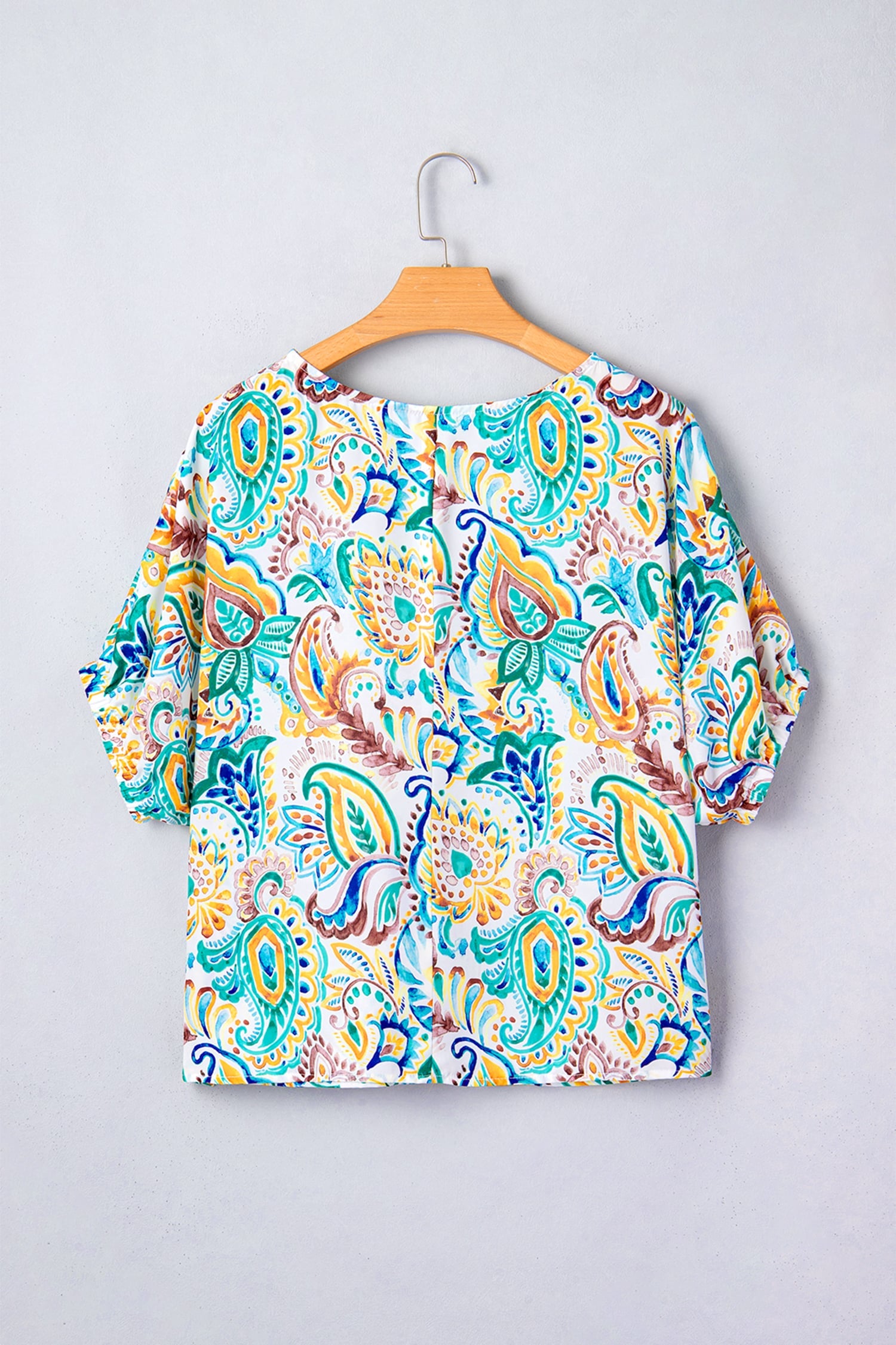 Green Boho Paisley Floral Printed Puff Sleeve Blouse