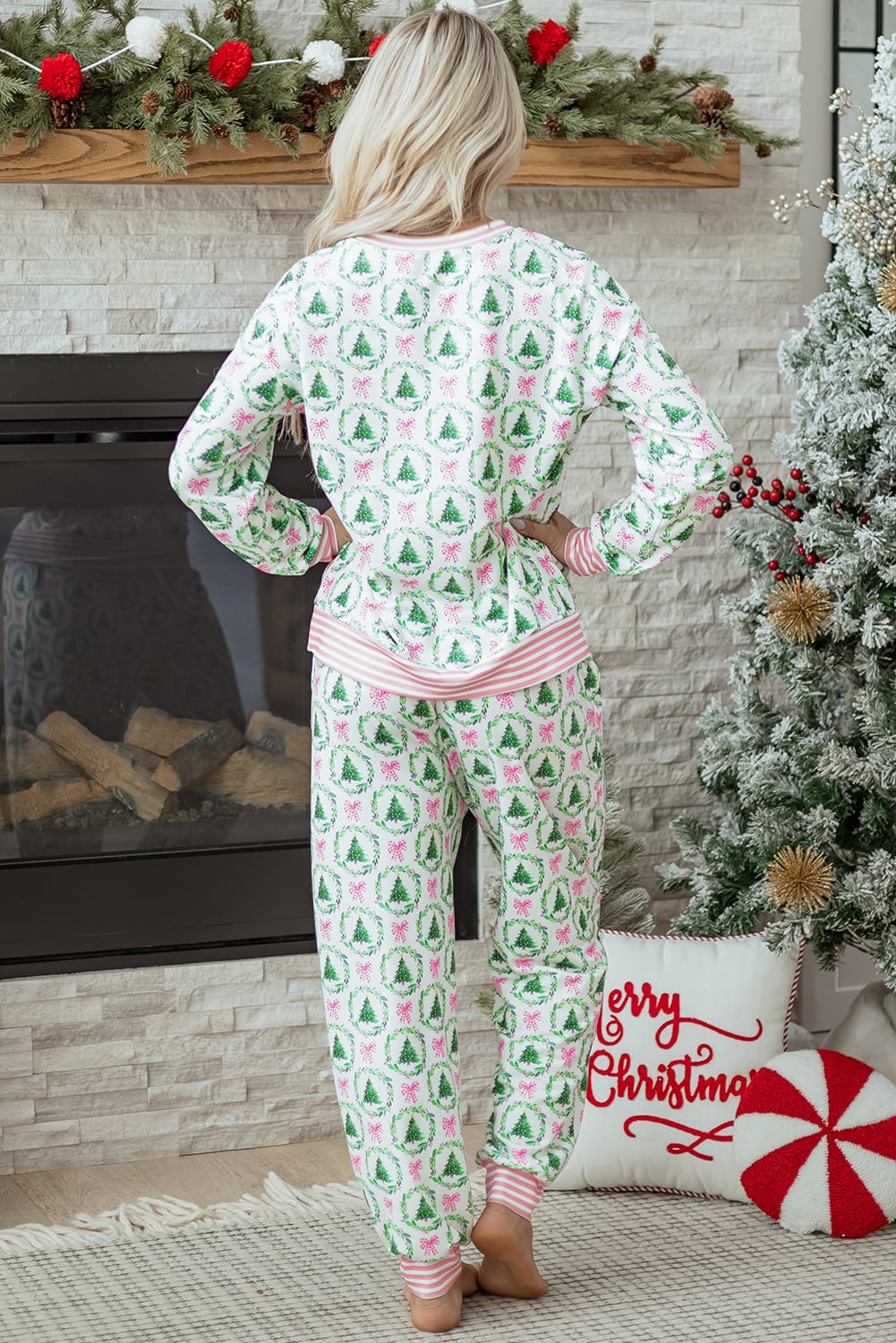 Green Bow Christmas Tree Print Contrast Striped Banding 2pcs Lounge Set
