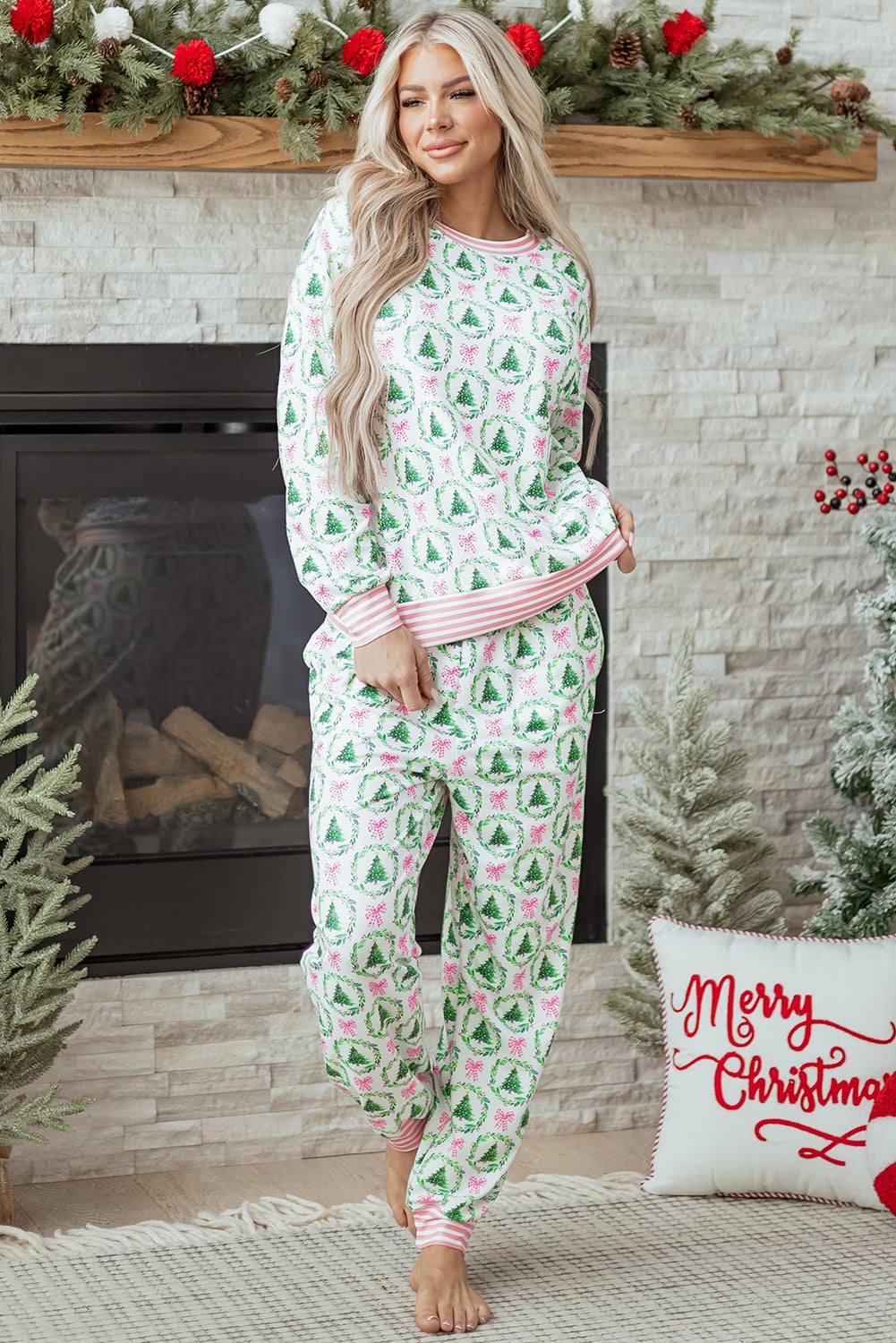 Green Bow Christmas Tree Print Contrast Striped Banding 2pcs Lounge Set