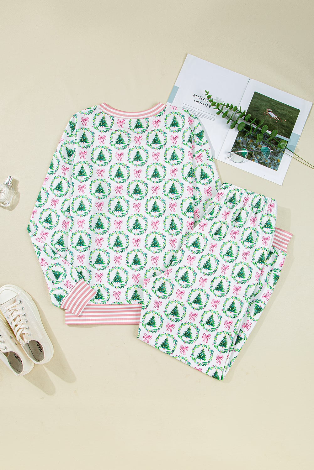 Green Bow Christmas Tree Print Contrast Striped Banding 2pcs Lounge Set