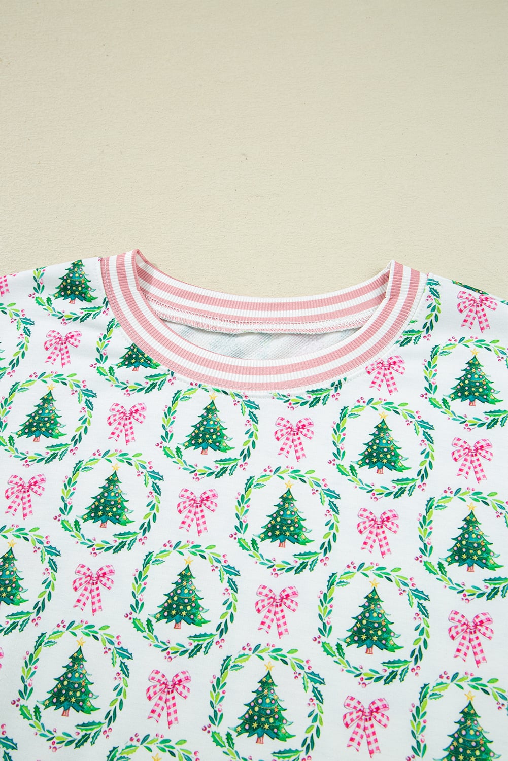 Green Bow Christmas Tree Print Contrast Striped Banding 2pcs Lounge Set
