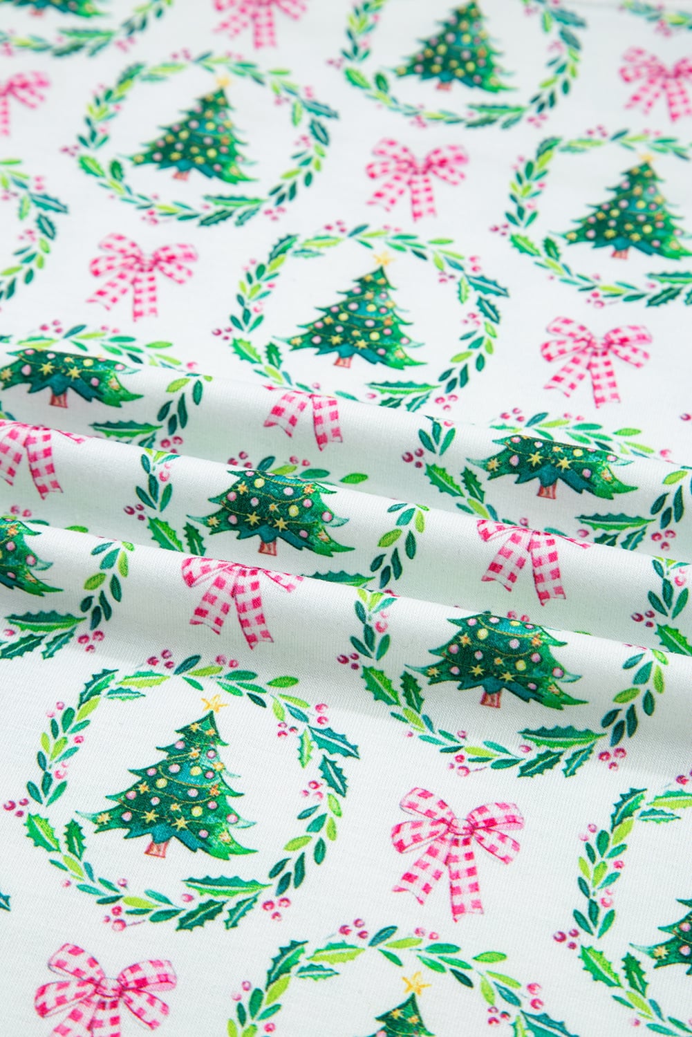Green Bow Christmas Tree Print Contrast Striped Banding 2pcs Lounge Set
