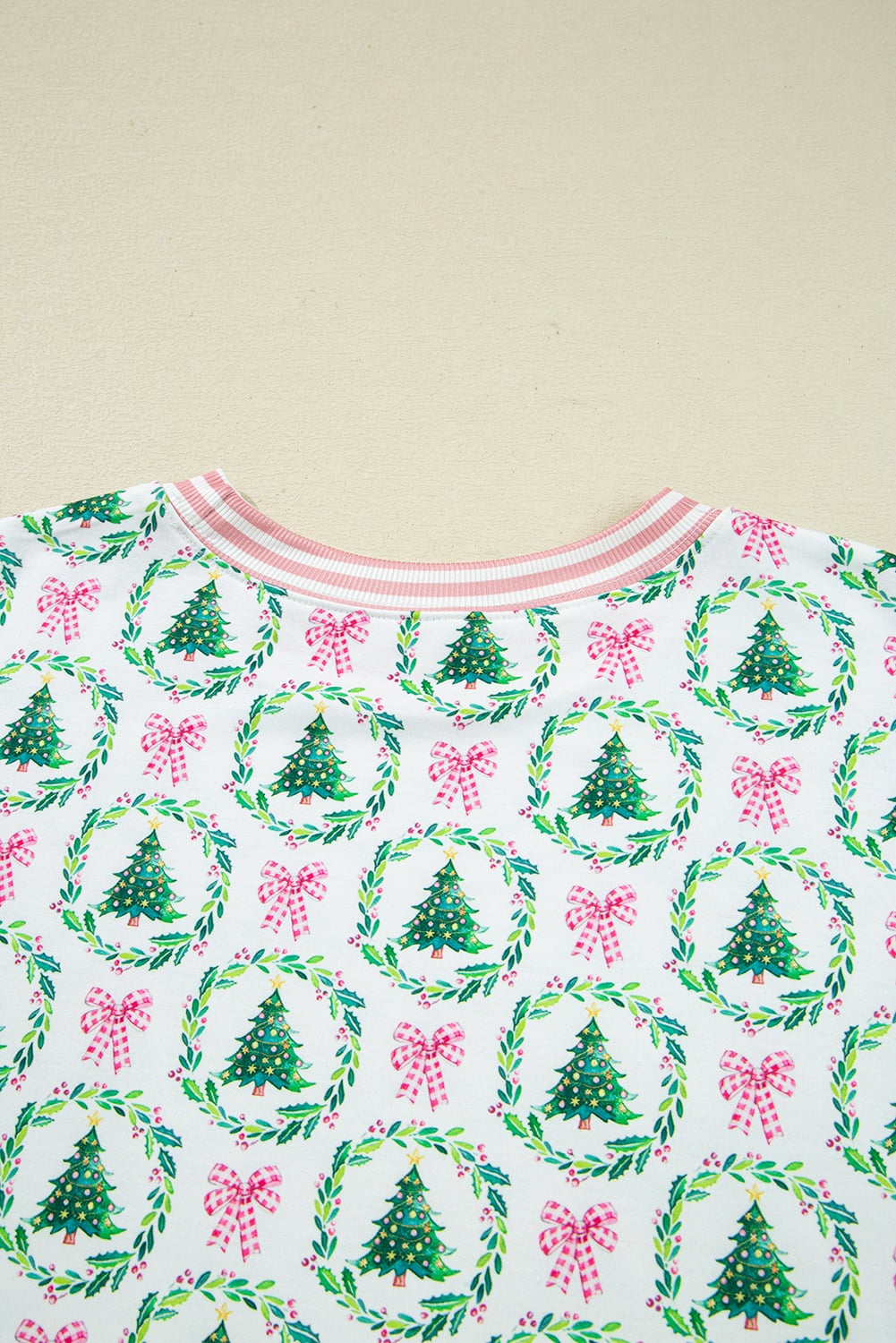 Green Bow Christmas Tree Print Contrast Striped Banding 2pcs Lounge Set