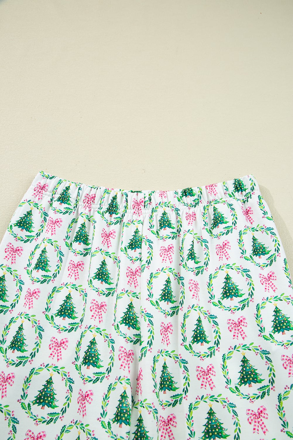 Green Bow Christmas Tree Print Contrast Striped Banding 2pcs Lounge Set