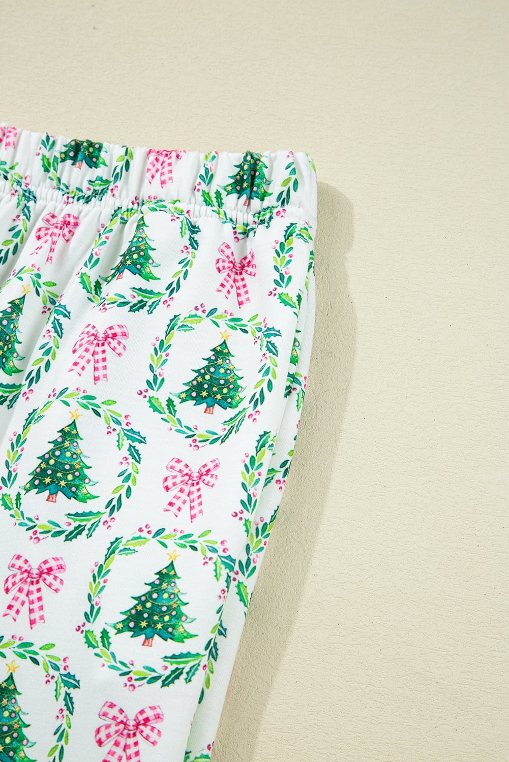 Green Bow Christmas Tree Print Contrast Striped Banding 2pcs Lounge Set