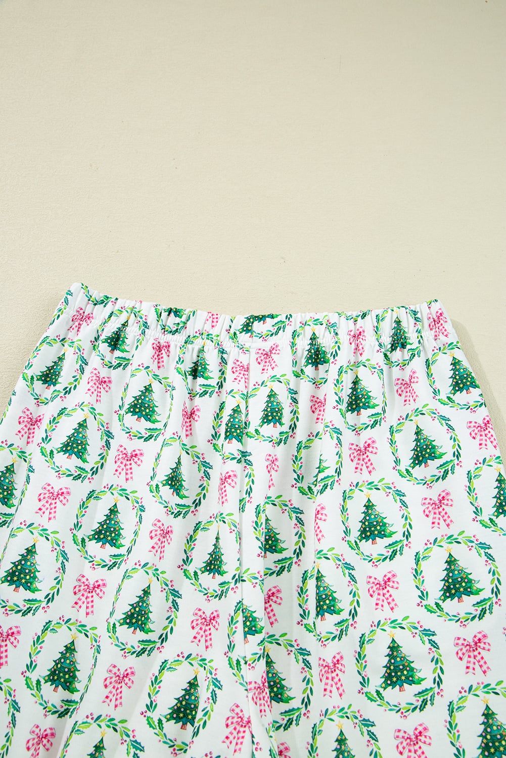 Green Bow Christmas Tree Print Contrast Striped Banding 2pcs Lounge Set