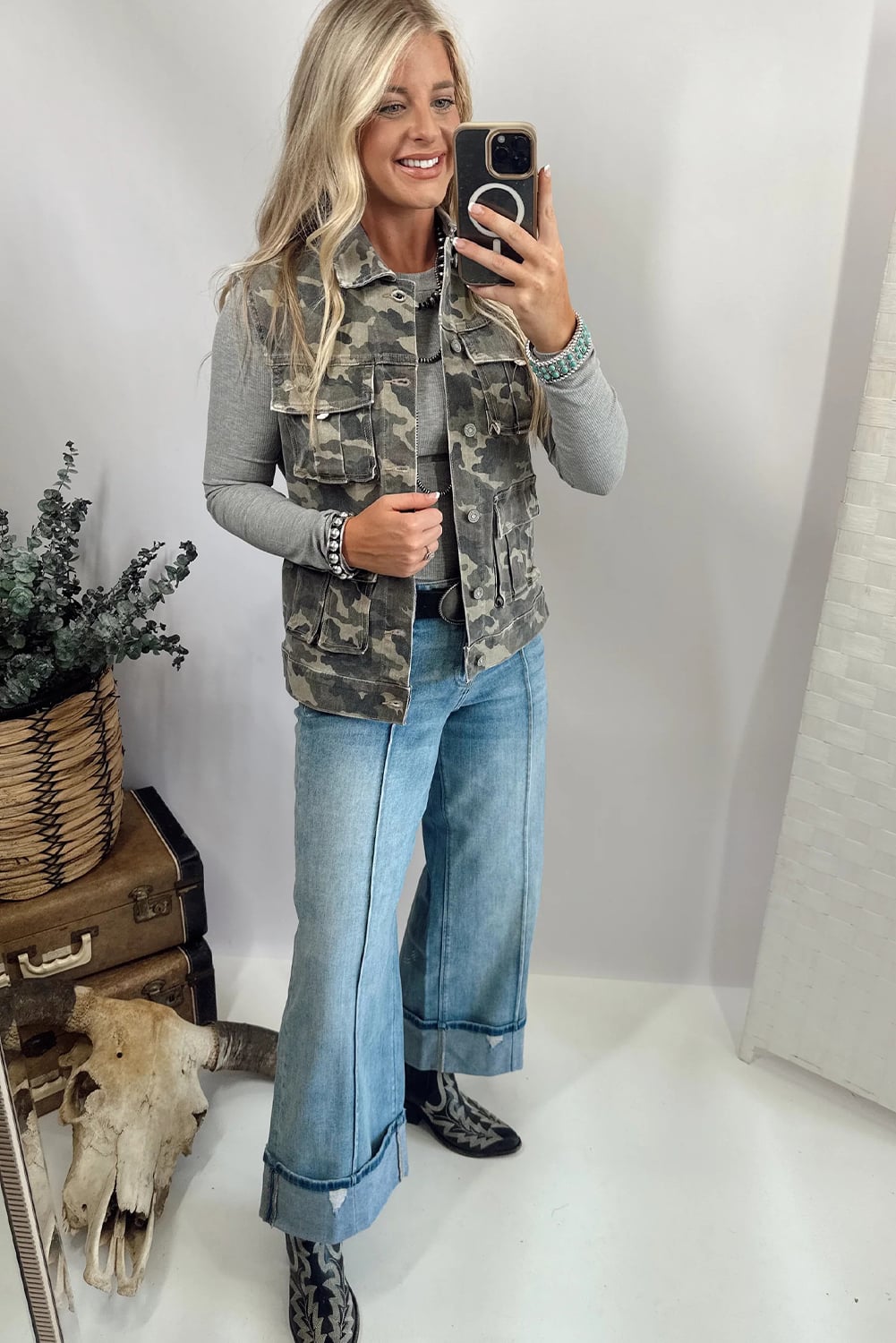 Green Camo Cargo Denim Vest