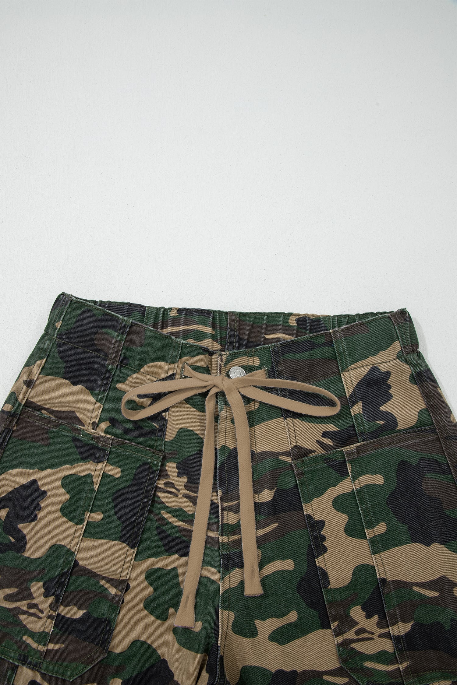 Green Camouflage Print Drawstring Patch Pocket Ankle Length Jeans