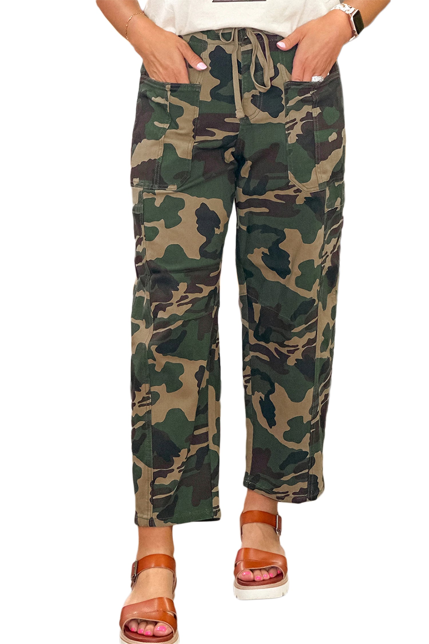 Green Camouflage Print Drawstring Patch Pocket Ankle Length Jeans