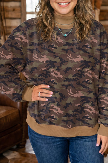 Green Camouflage Print High Neck Long Sleeve Oversized Shift Silhouette Tunic Length Plus Size Sweatshirt