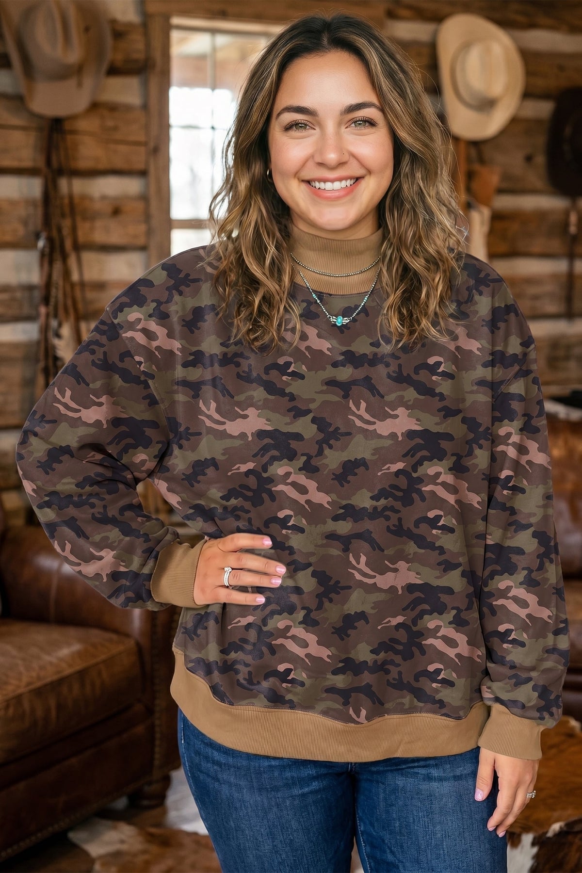 Green Camouflage Print High Neck Long Sleeve Oversized Shift Silhouette Tunic Length Plus Size Sweatshirt