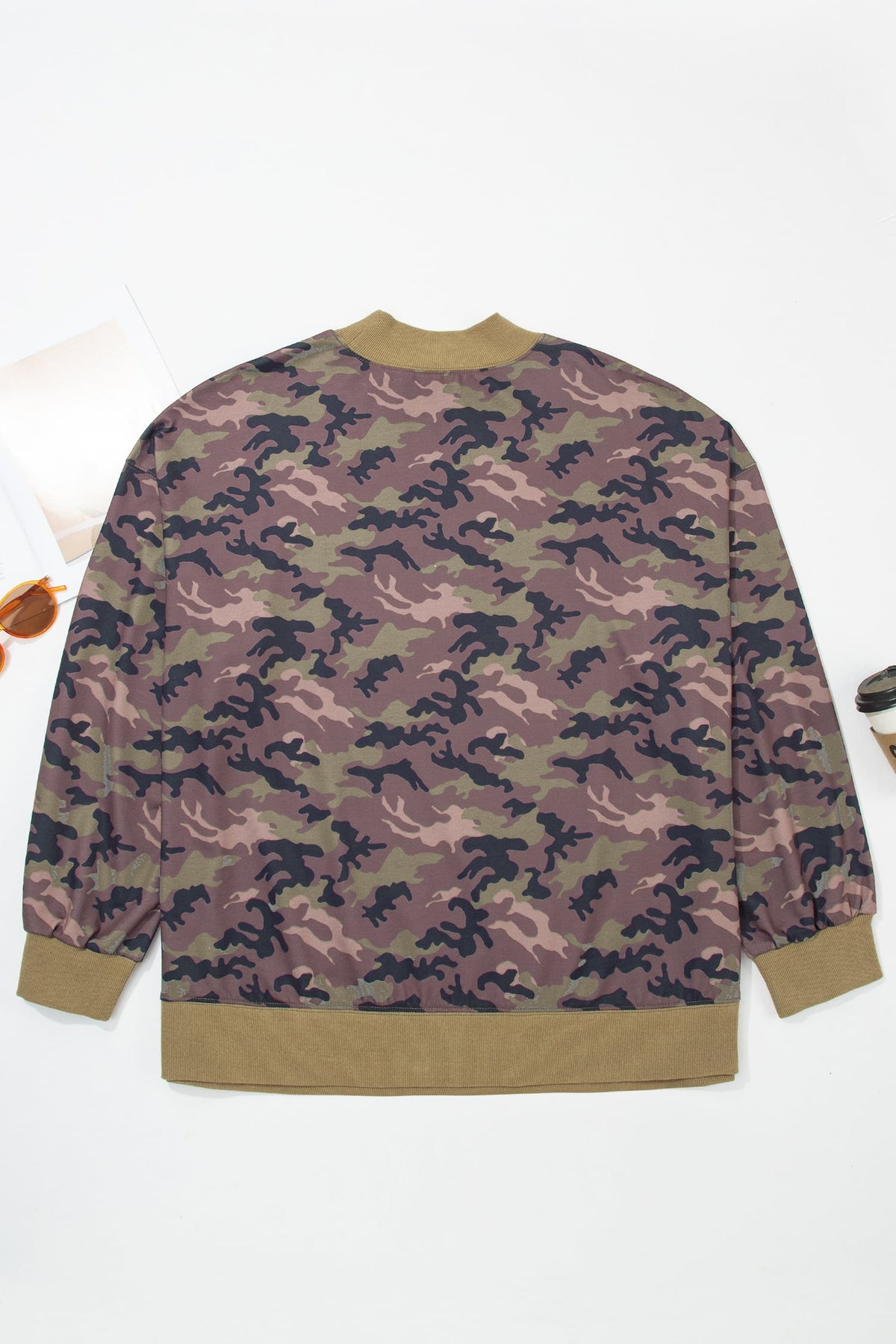 Green Camouflage Print High Neck Long Sleeve Oversized Shift Silhouette Tunic Length Plus Size Sweatshirt