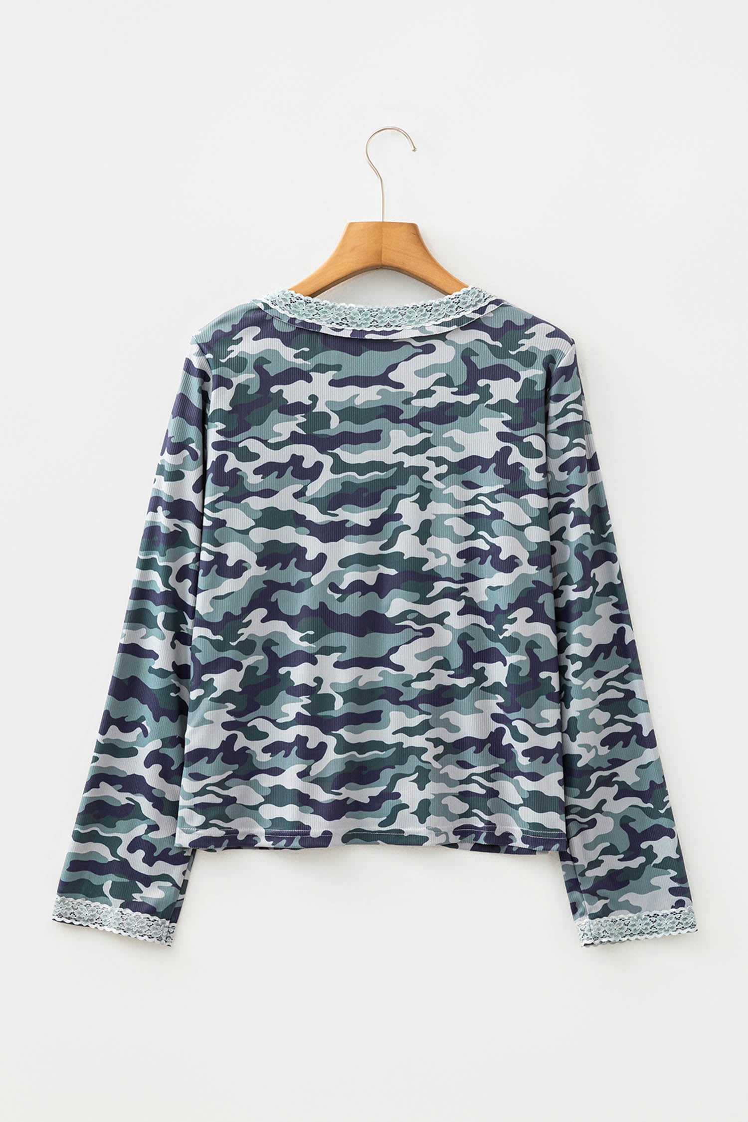 Green Camouflage Print Lace Patchwork Detail Button Long Sleeve Top